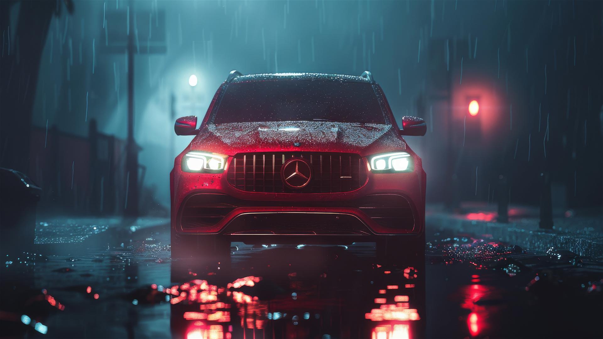 Closeup of a Mercedes-Benz GLE in dim, foggy, gothic setting