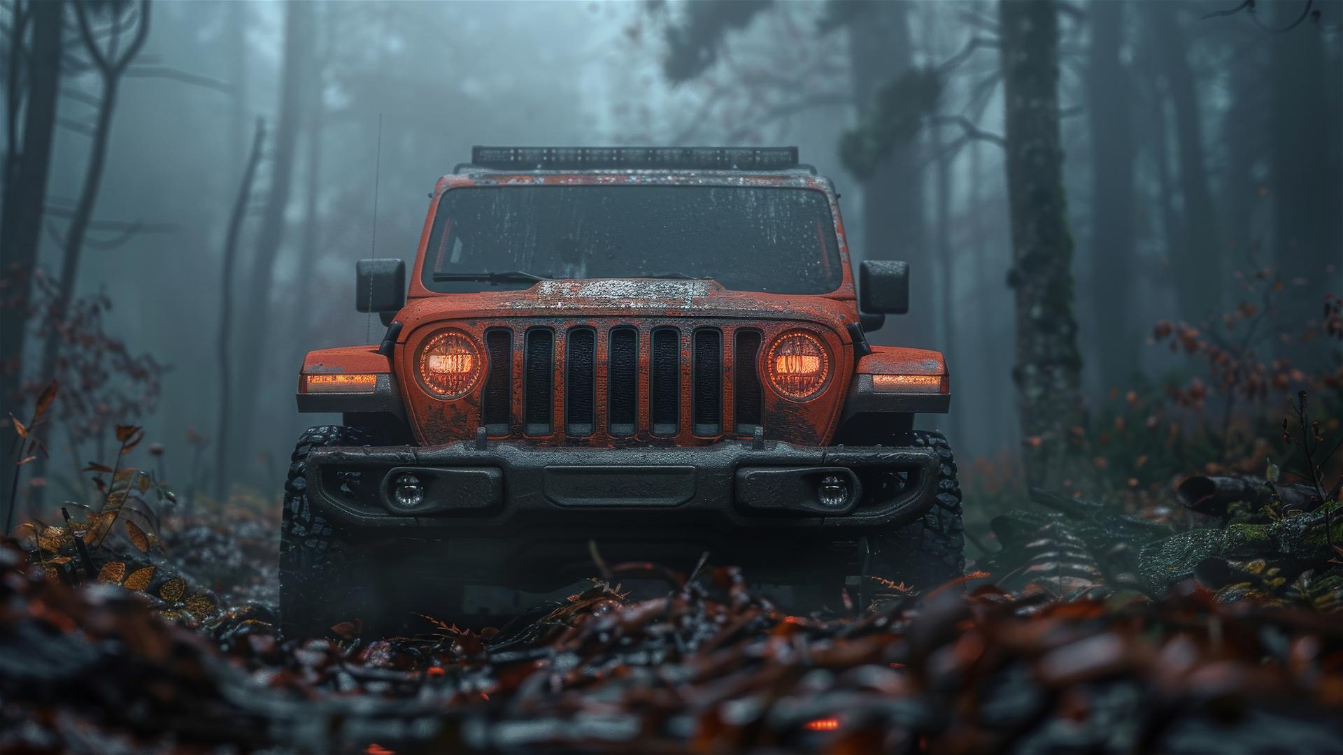 jeep wrangler, Dim_Lighting, Gothic gloomy, 8k smooth, closeup view, foggy, Photorealistic