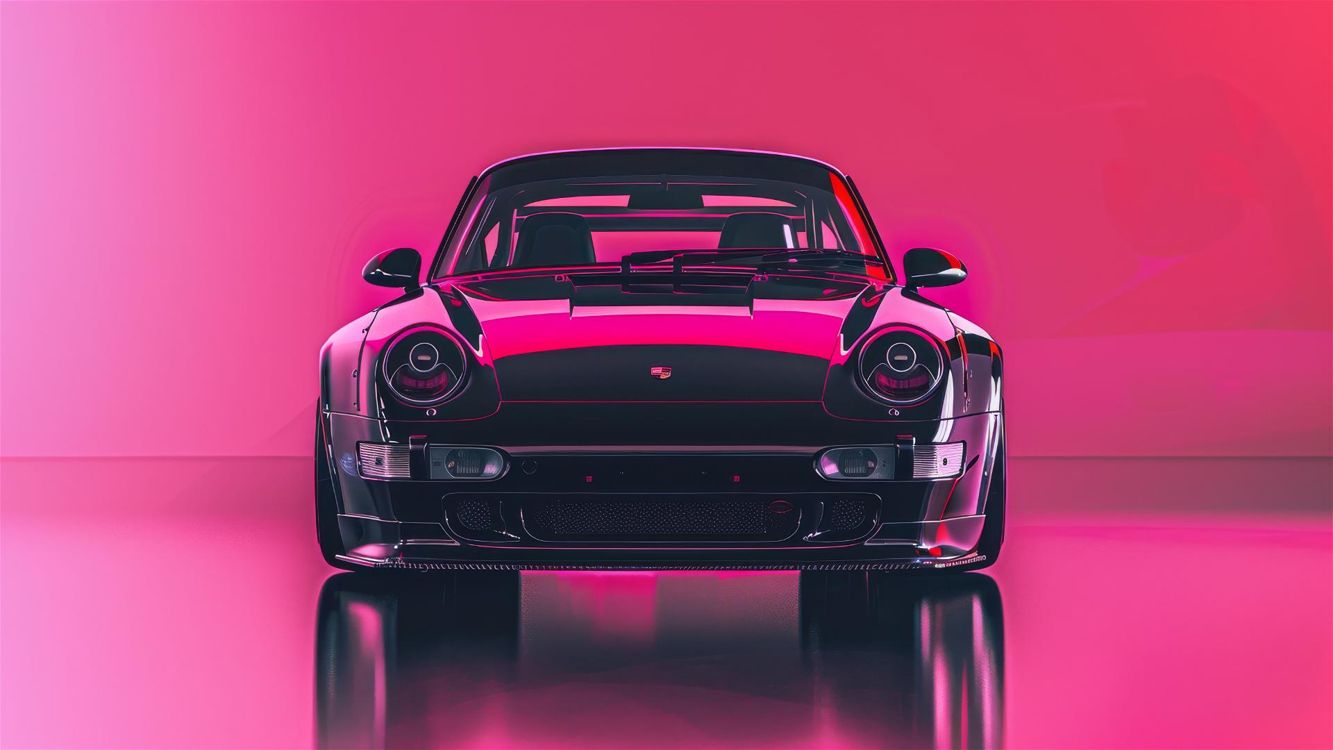 Black Porsche 993 Turbo with RWB Widebody on pink futuristic background