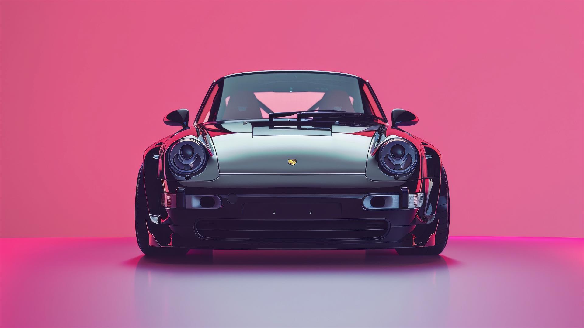 Black Porsche 993 Turbo with RWB widebody kit on pink futuristic background