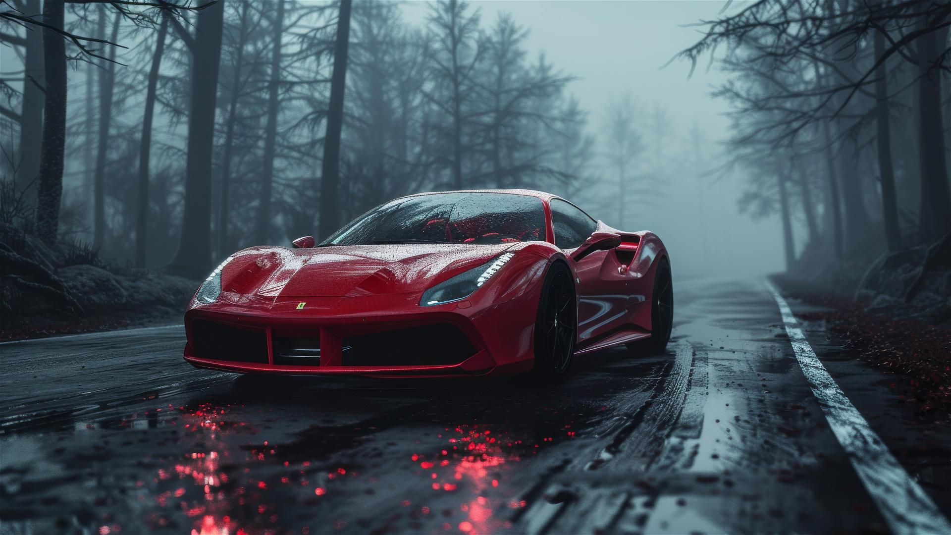Close-up of a Ferrari 488 in dim, foggy lighting with a gothic mood