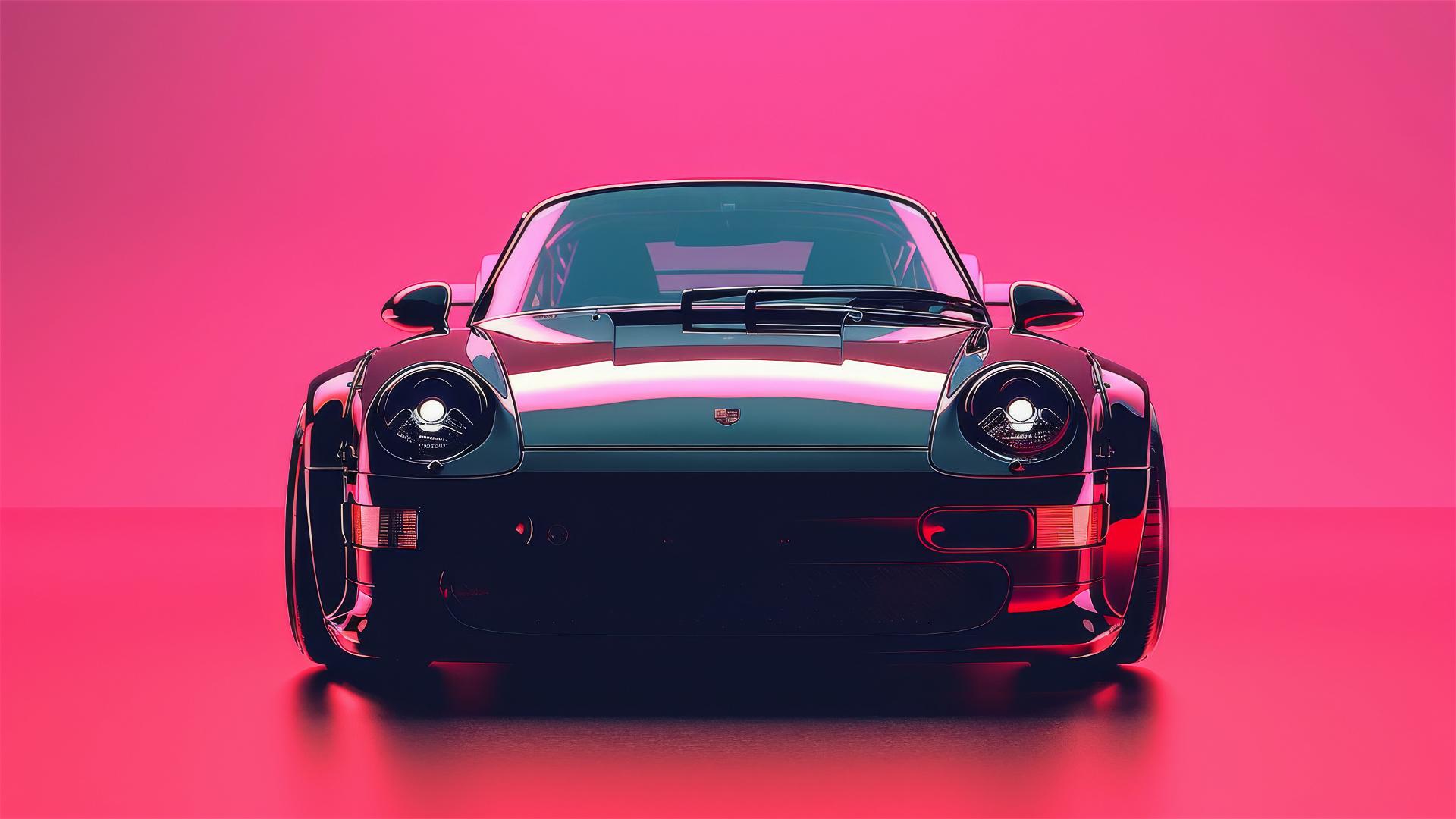 Black Porsche 993 Turbo with RWB widebody kit on a pink futuristic background