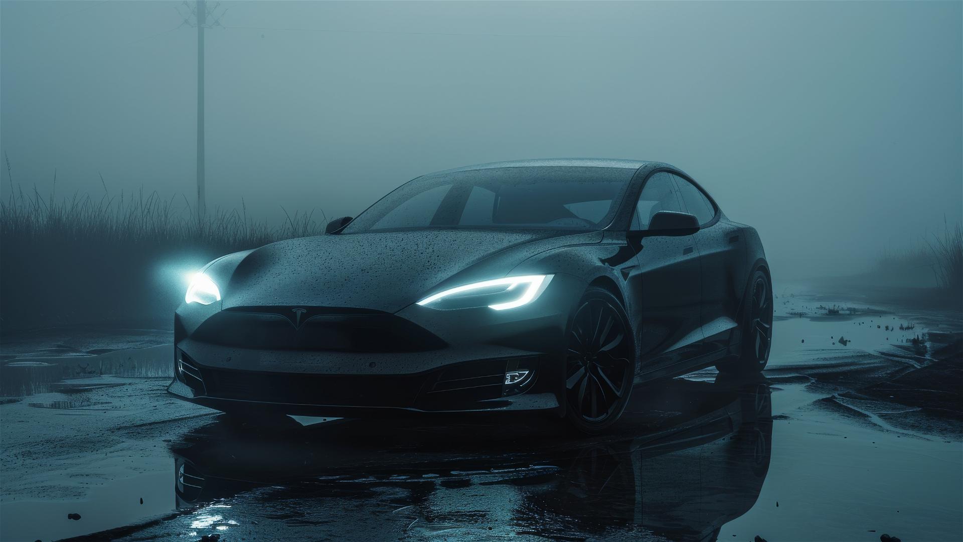 Photorealistic closeup of Tesla Model S in dim, foggy, gothic setting