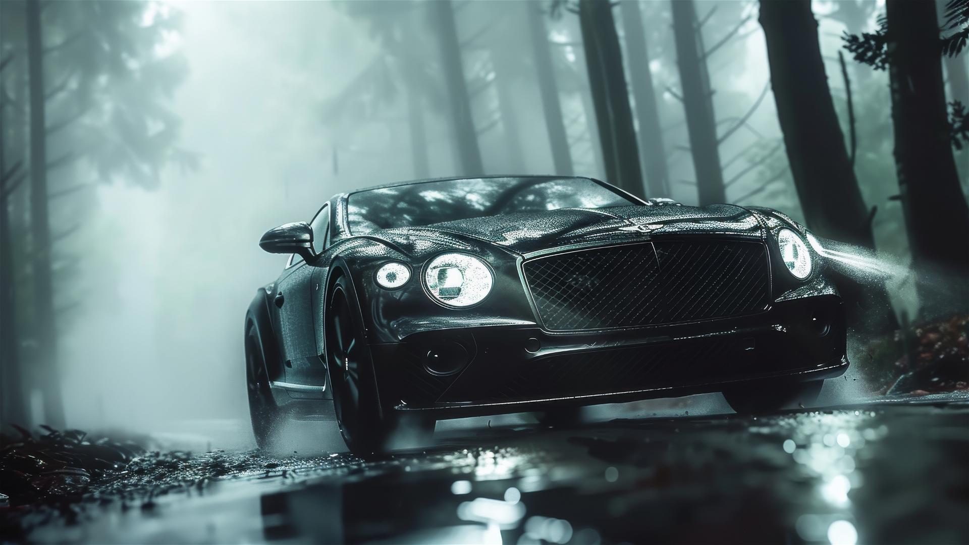 Close-up of a Bentley Continental GT in dim, foggy lighting with a gothic gloomy ambiance