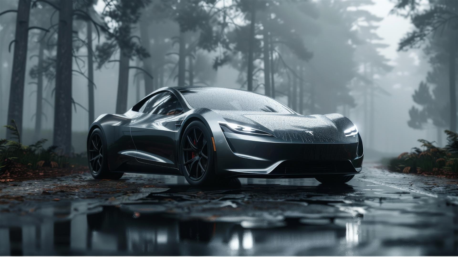 Tesla Roadster in gothic ambiance with dim lights and fog
