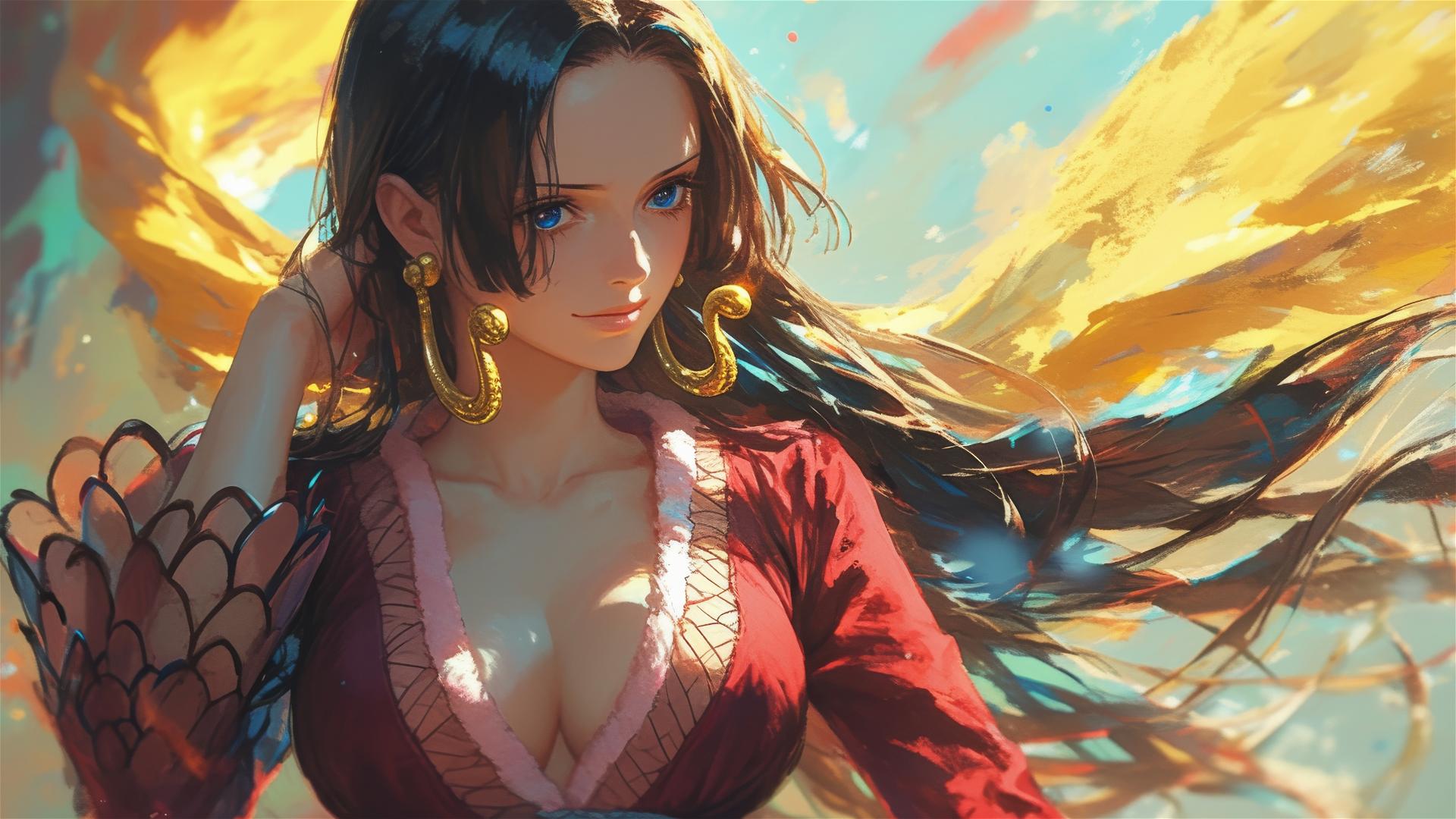 Boa Hancock from One Piece in an art gallery under soft lights