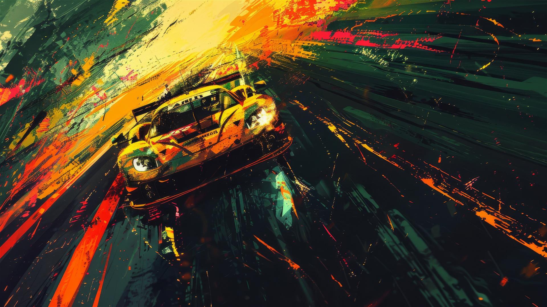 Vibrant primary color image of a car driving on a track, featuring bold impasto style