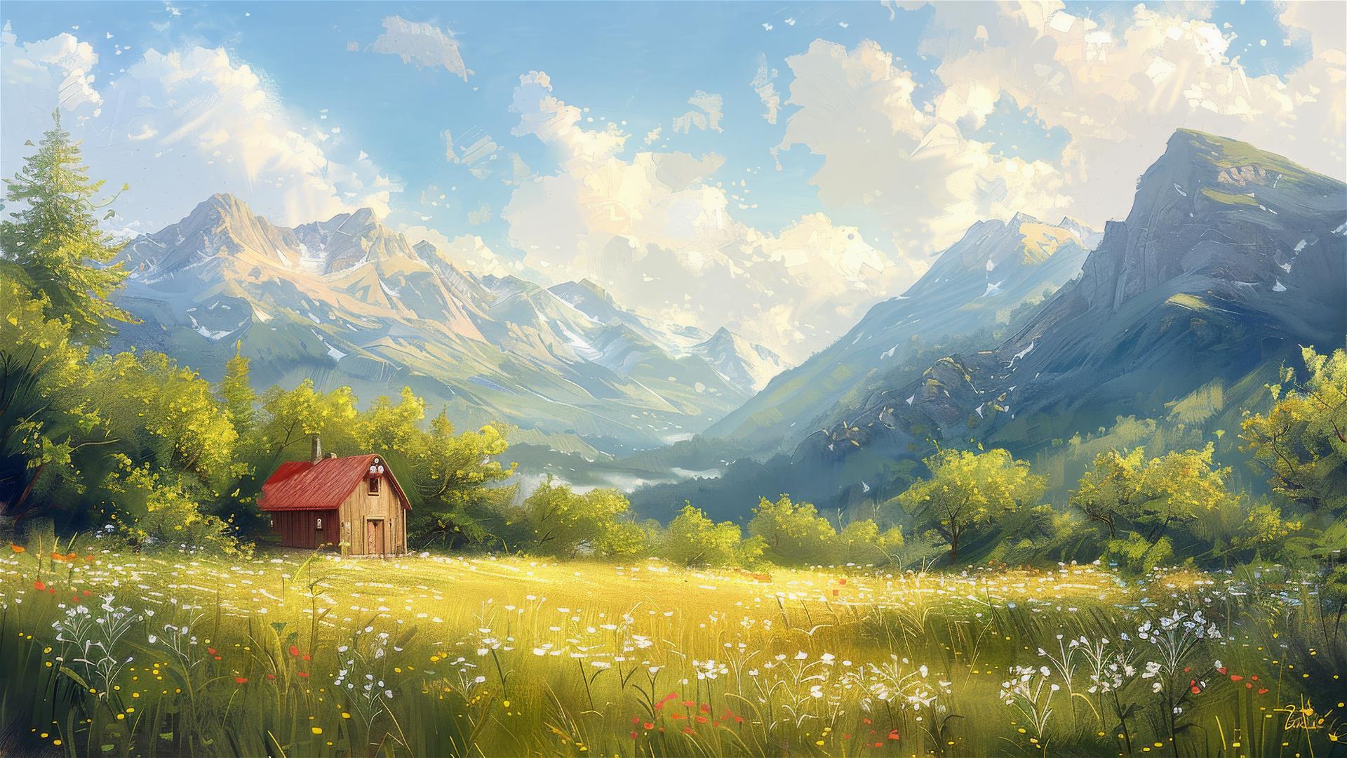 Serene oil painting of a farmhouse in the mountains