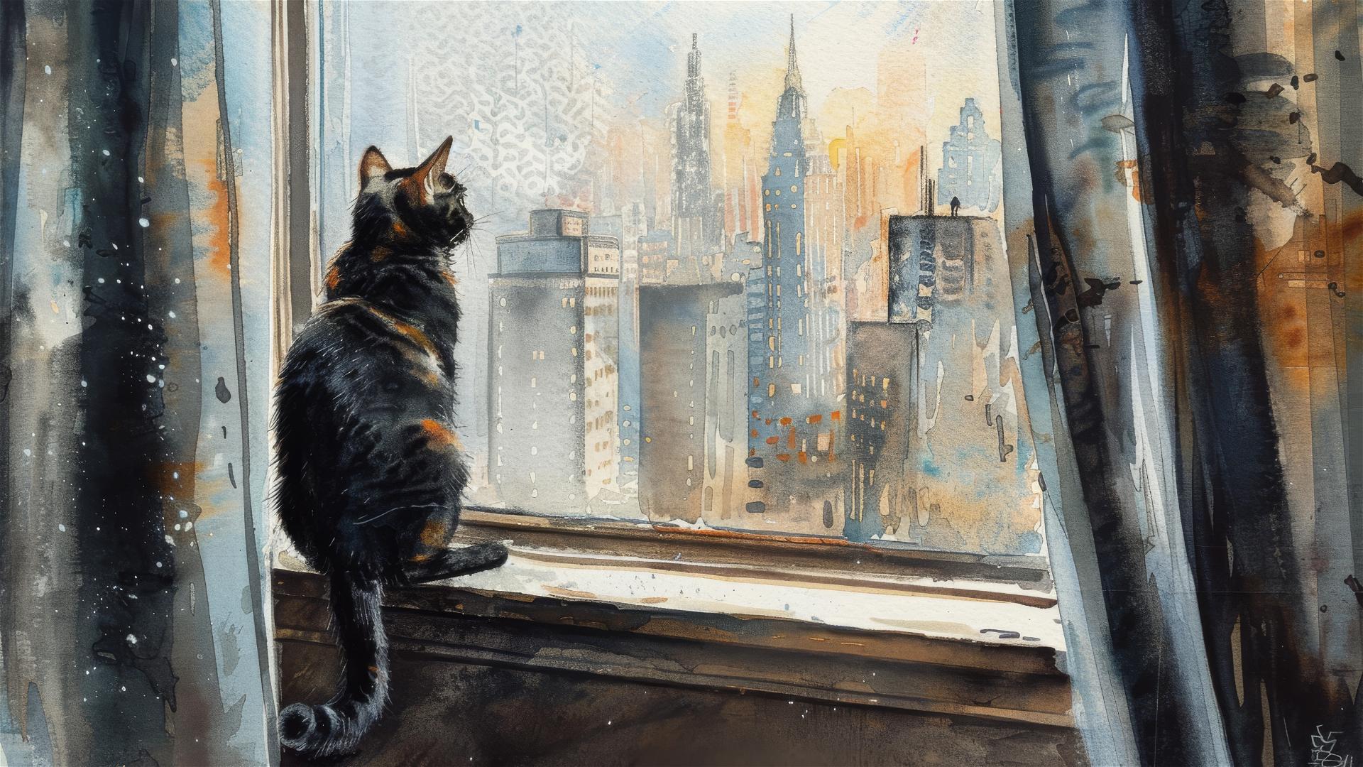 Watercolor cat climbing curtains, city landscape view outside home.