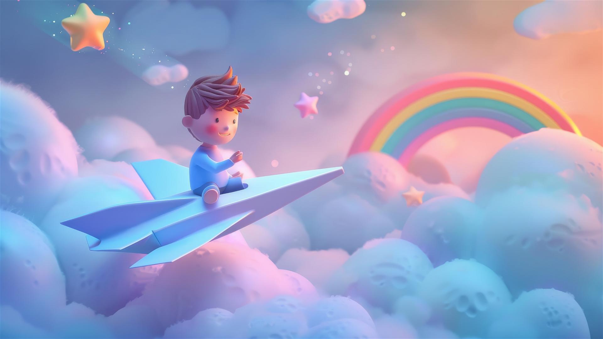 Cute boy on clay paper airplane flying at dawn with rainbows, stars, clouds