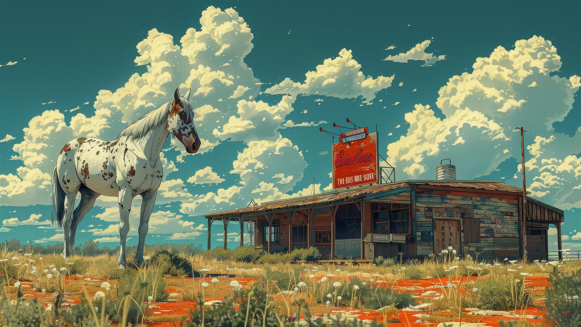 Cartoon style old Texas bar with cowboy on white horse