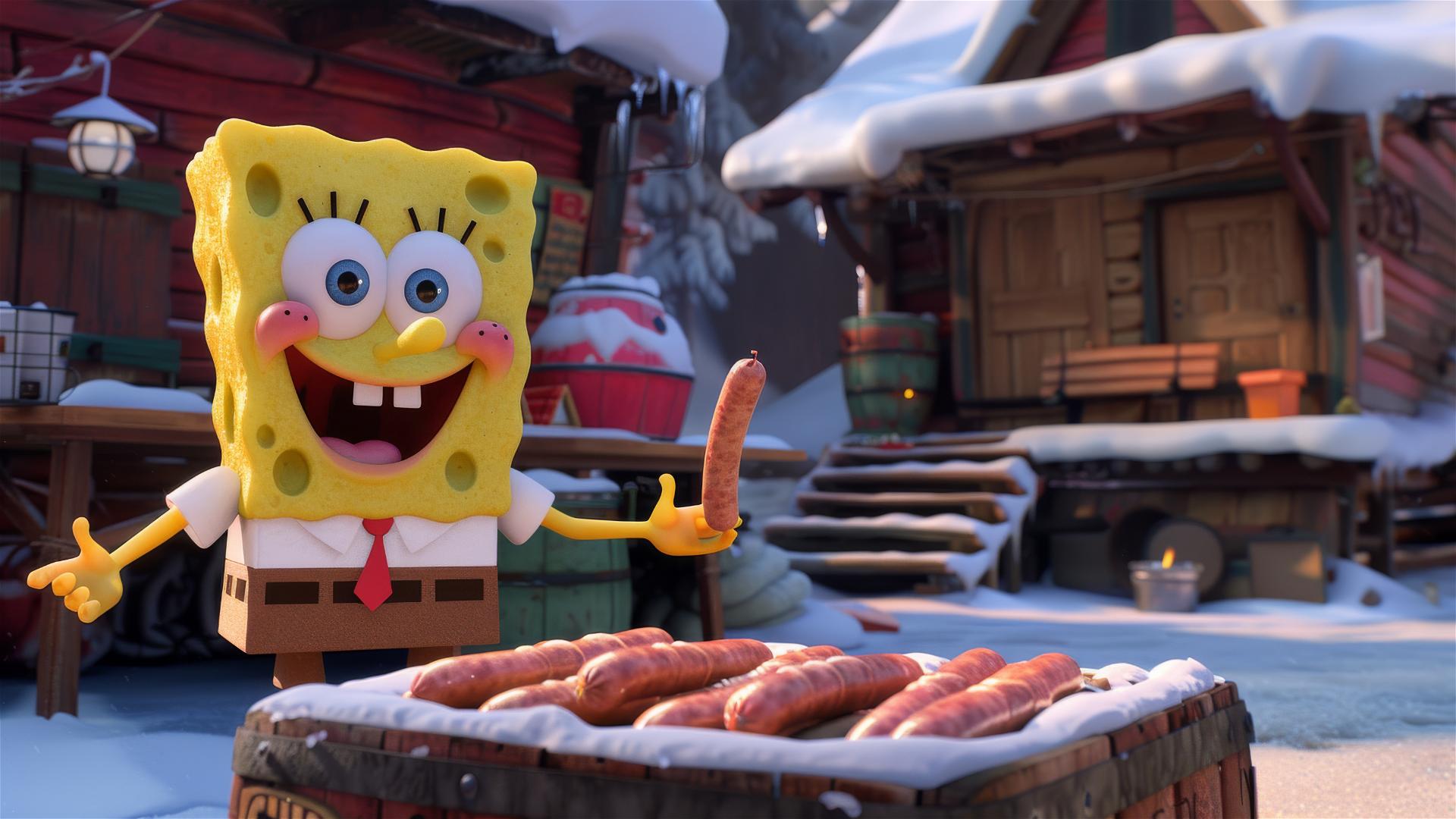 SpongeBob selling sausages on a snowy roadside