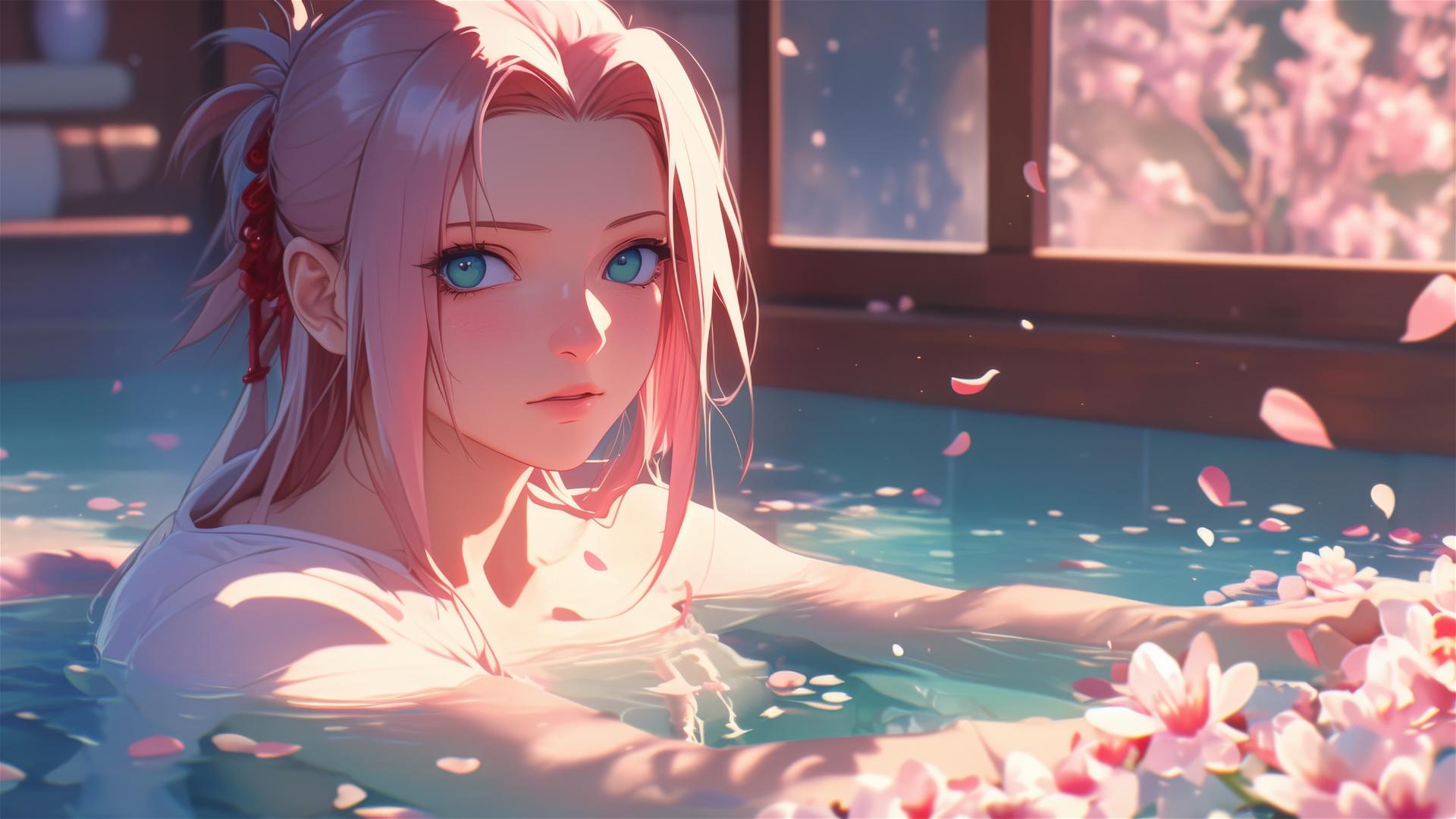 Sakura Haruno in a flower-filled tub at a Chinese spa