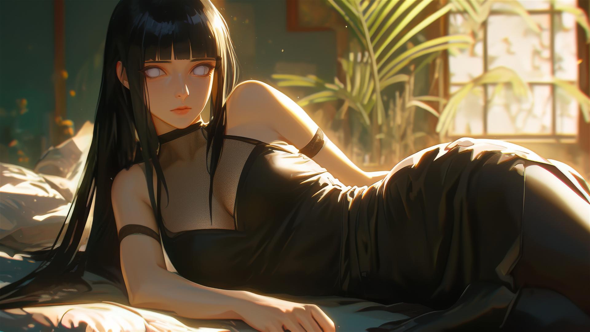 Hinata Hyuga from Naruto sitting in a modern hotel with warm lighting