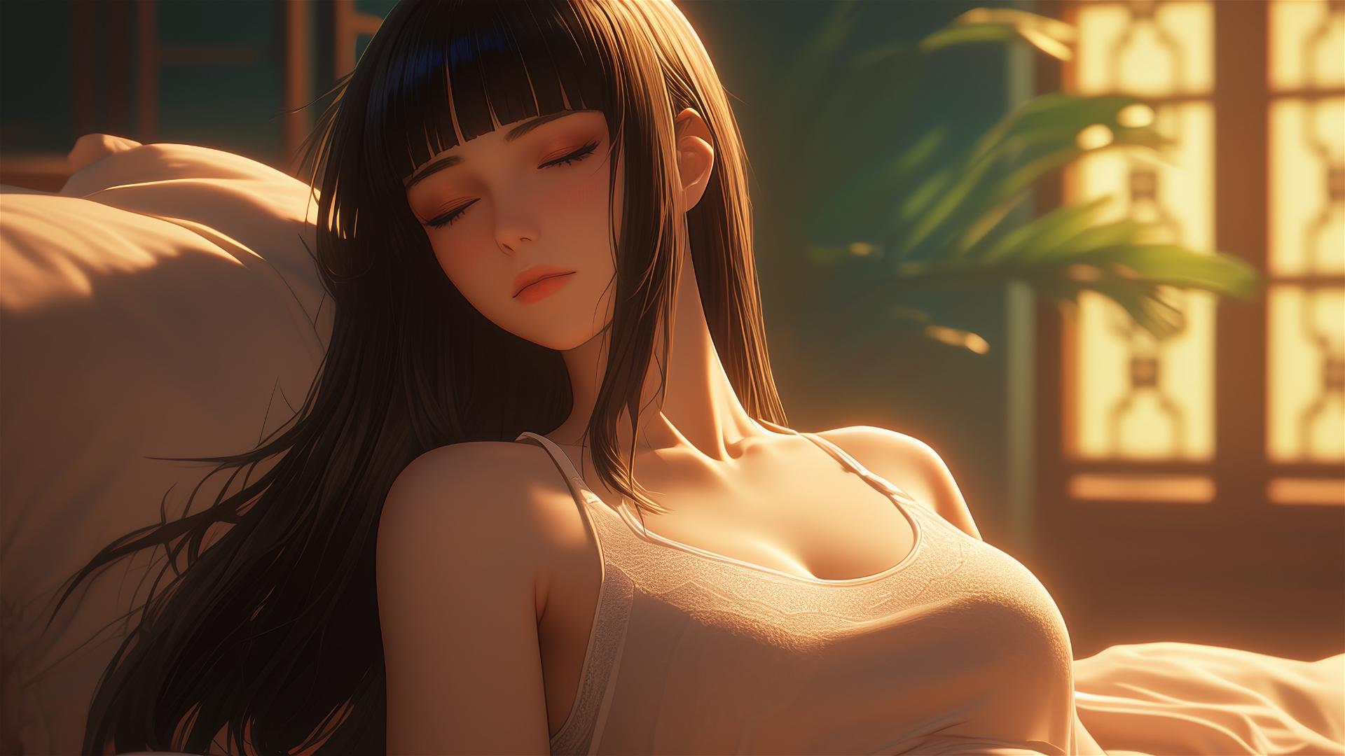 Hinata Hyuga from Naruto relaxing in a modern hotel with warm lighting and white eyes.