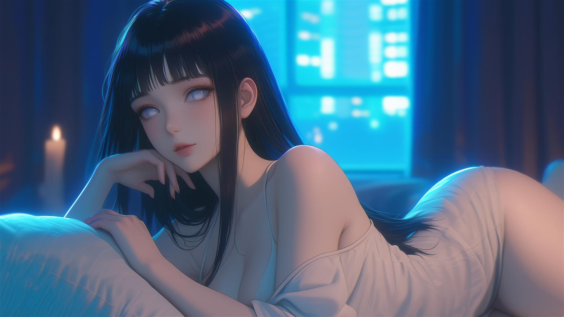 Hinata Hyuga from Naruto resting at modern hotel under warm light