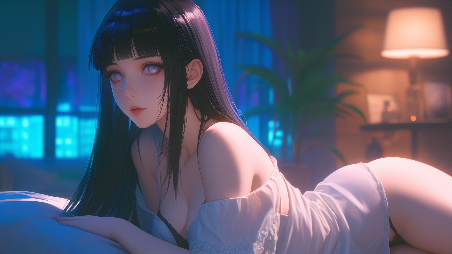 Hinata Hyuga from Naruto resting at a modern hotel with soft warm light
