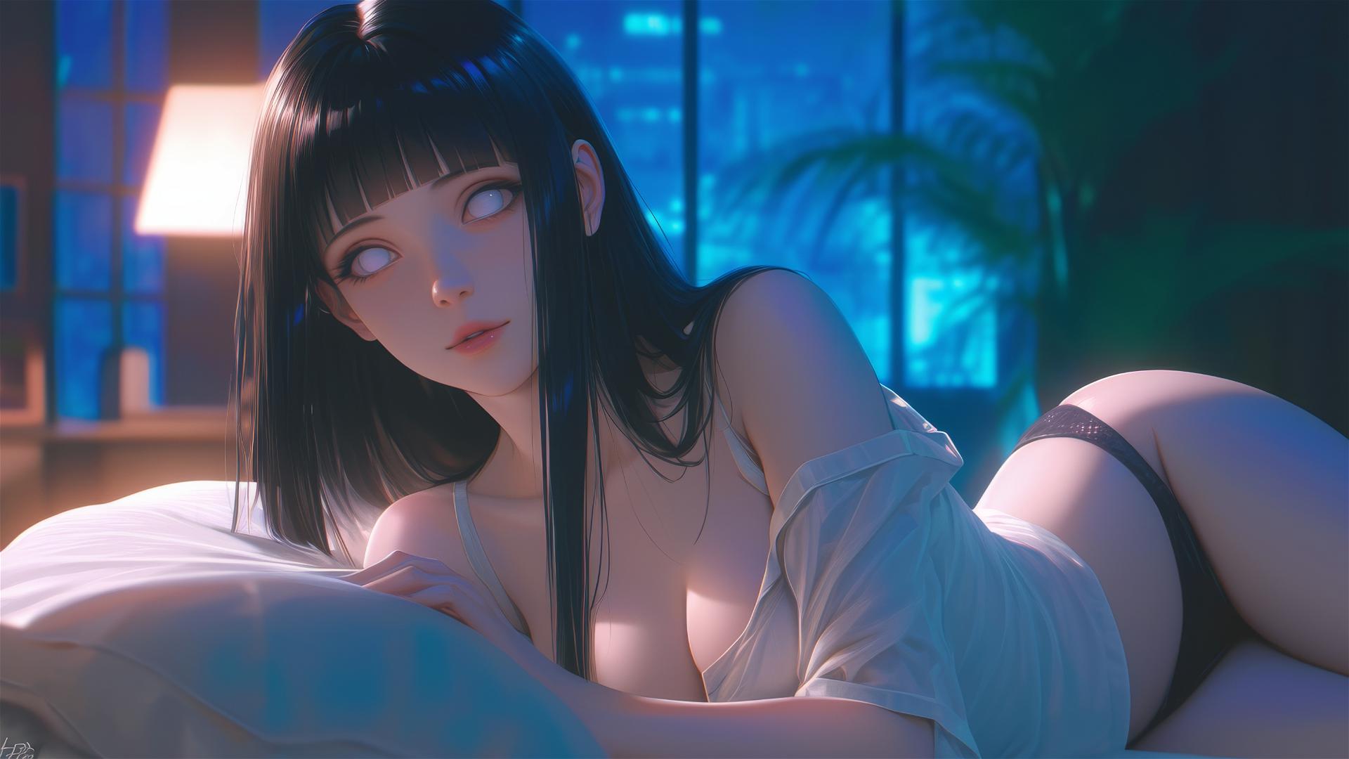 Hinata Hyuga resting in a modern hotel with warm light and white eyes