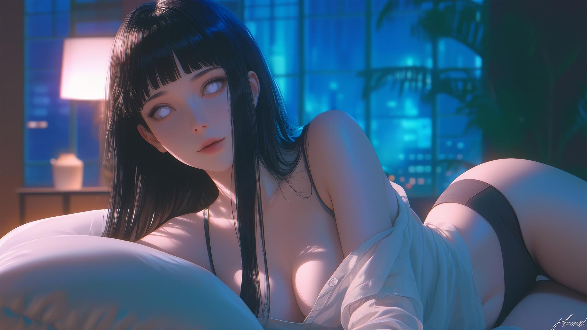 Hinata Hyuga from Naruto resting at a modern hotel under warm light