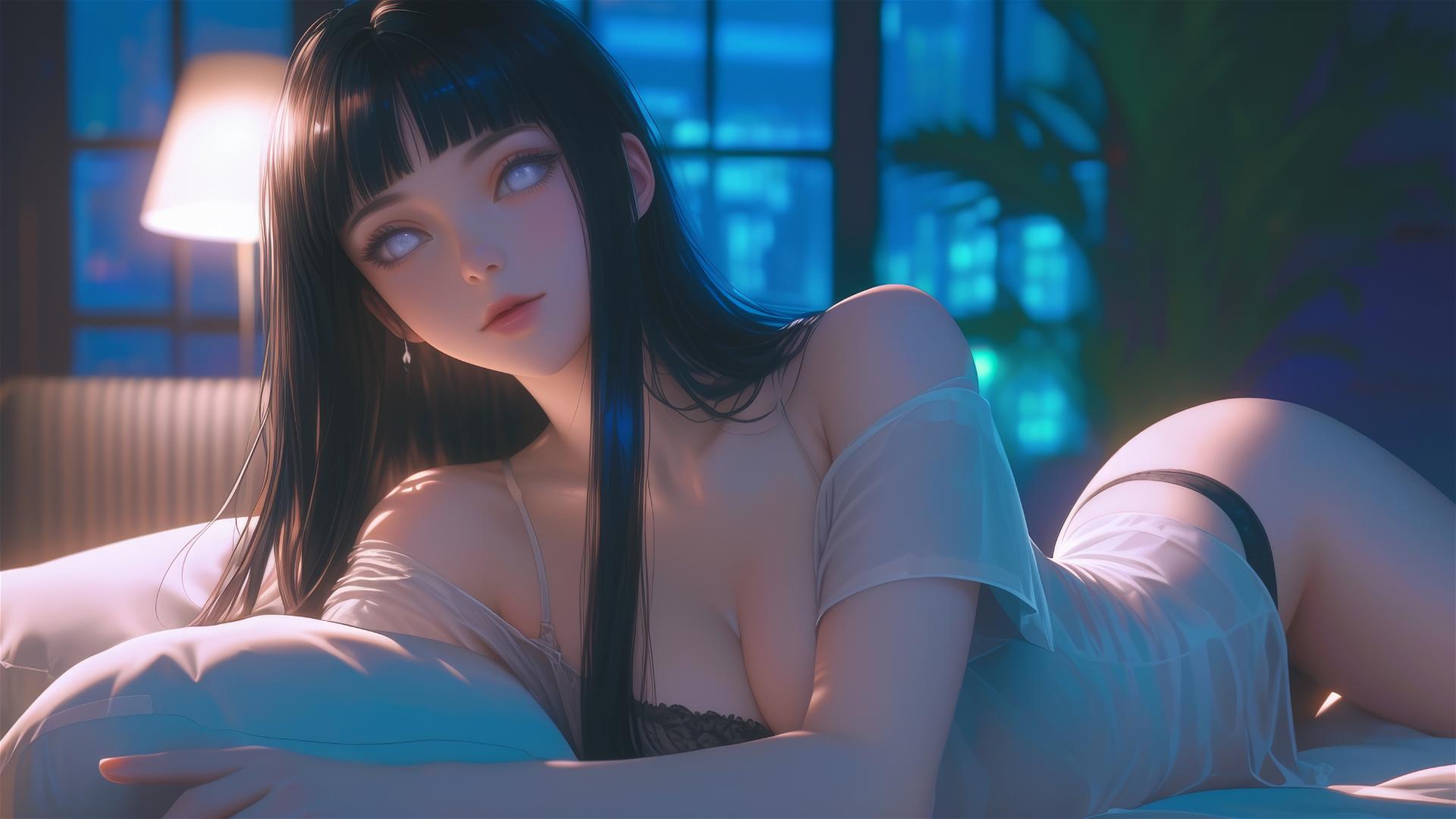 Hinata Hyuga resting in modern hotel under warm light