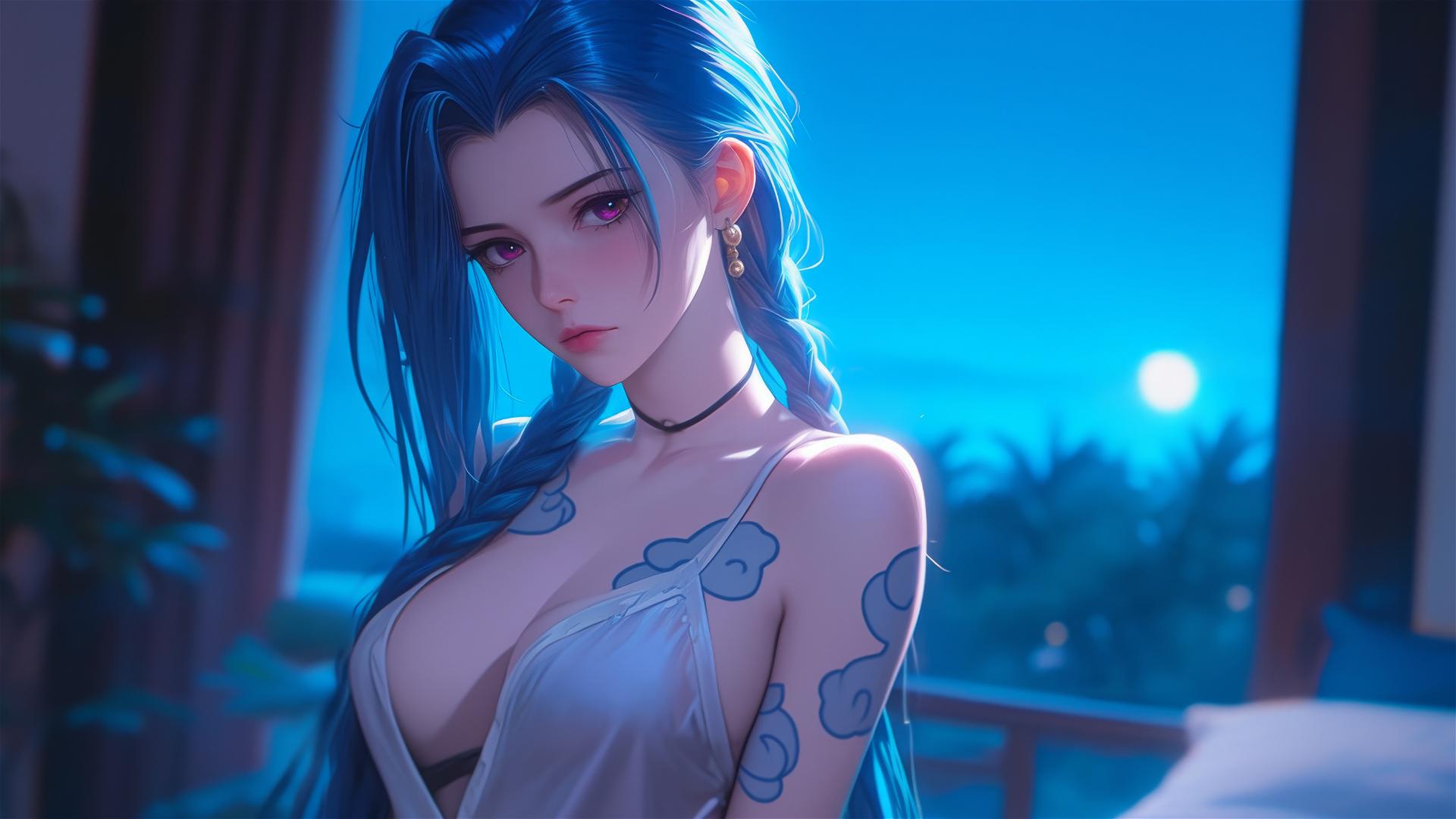 Jinx from League of Legends standing in an apartment bathed in moonlight