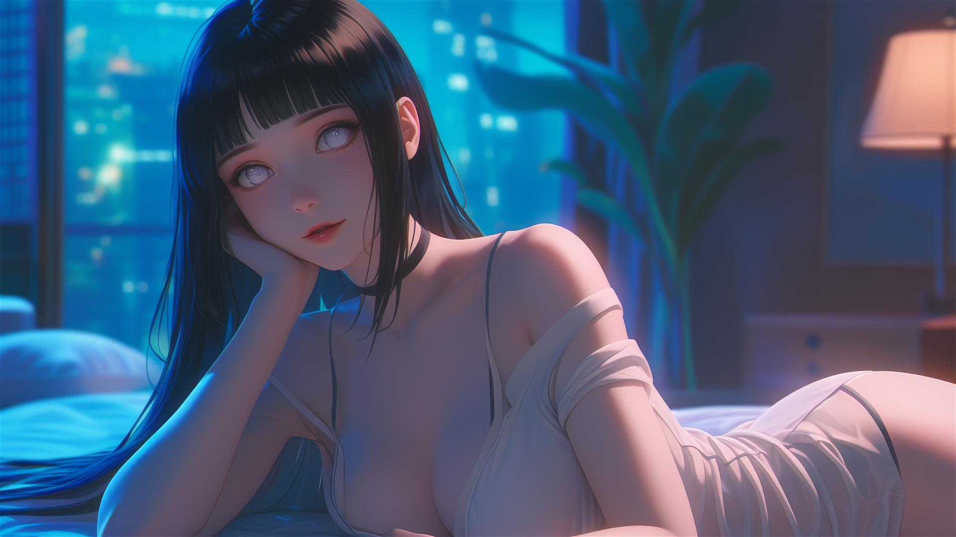 Hinata Hyuga resting at a modern hotel with warm light casting a glow.