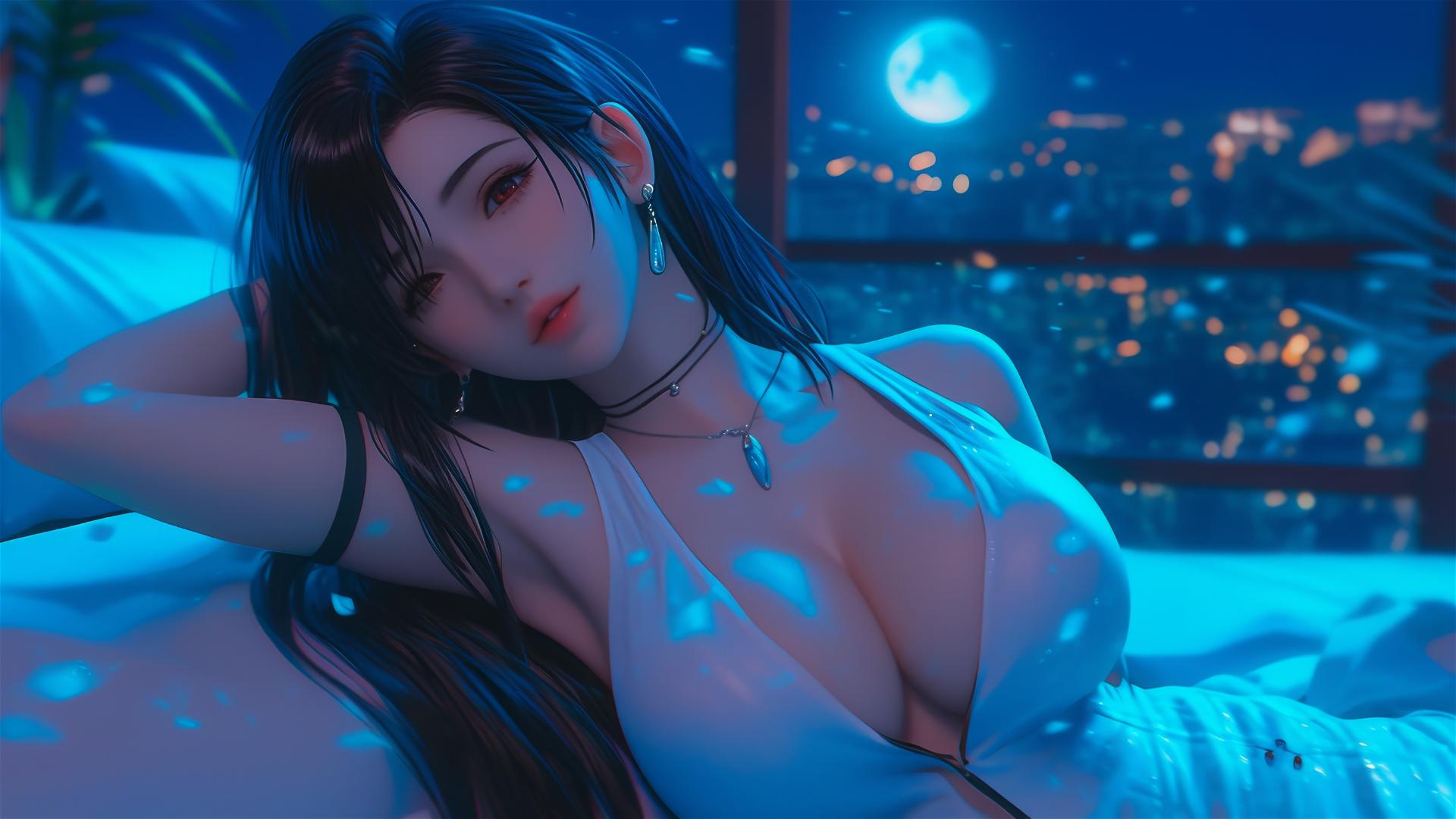 Tifa Lockhart resting in her room under moonlight