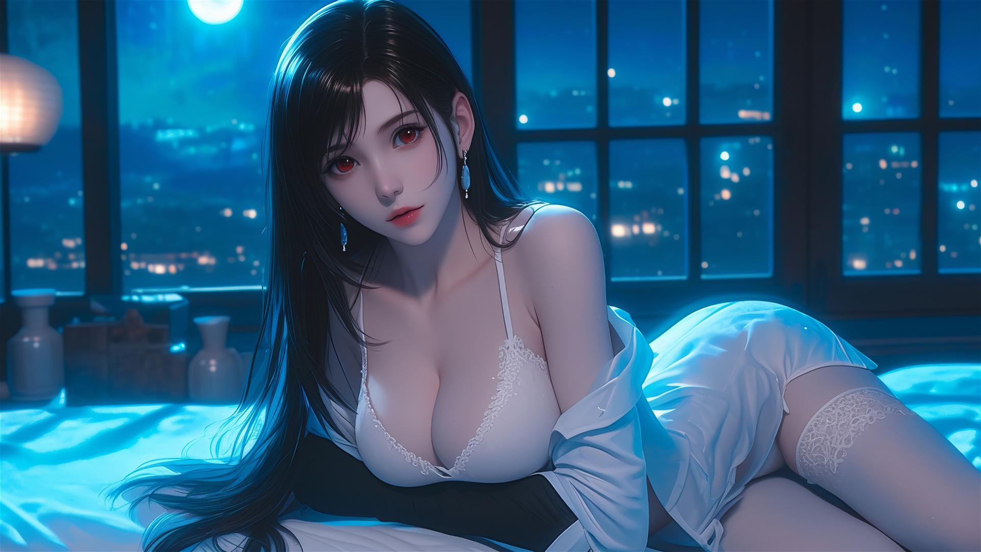 Tifa Lockhart from Final Fantasy in white pajamas resting under moonlight
