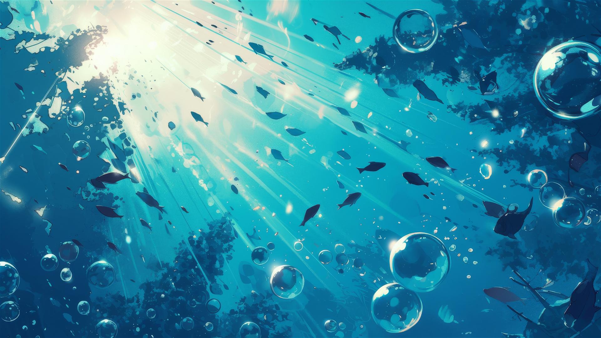 Dreamy underwater scene with bubbles and shimmering fish