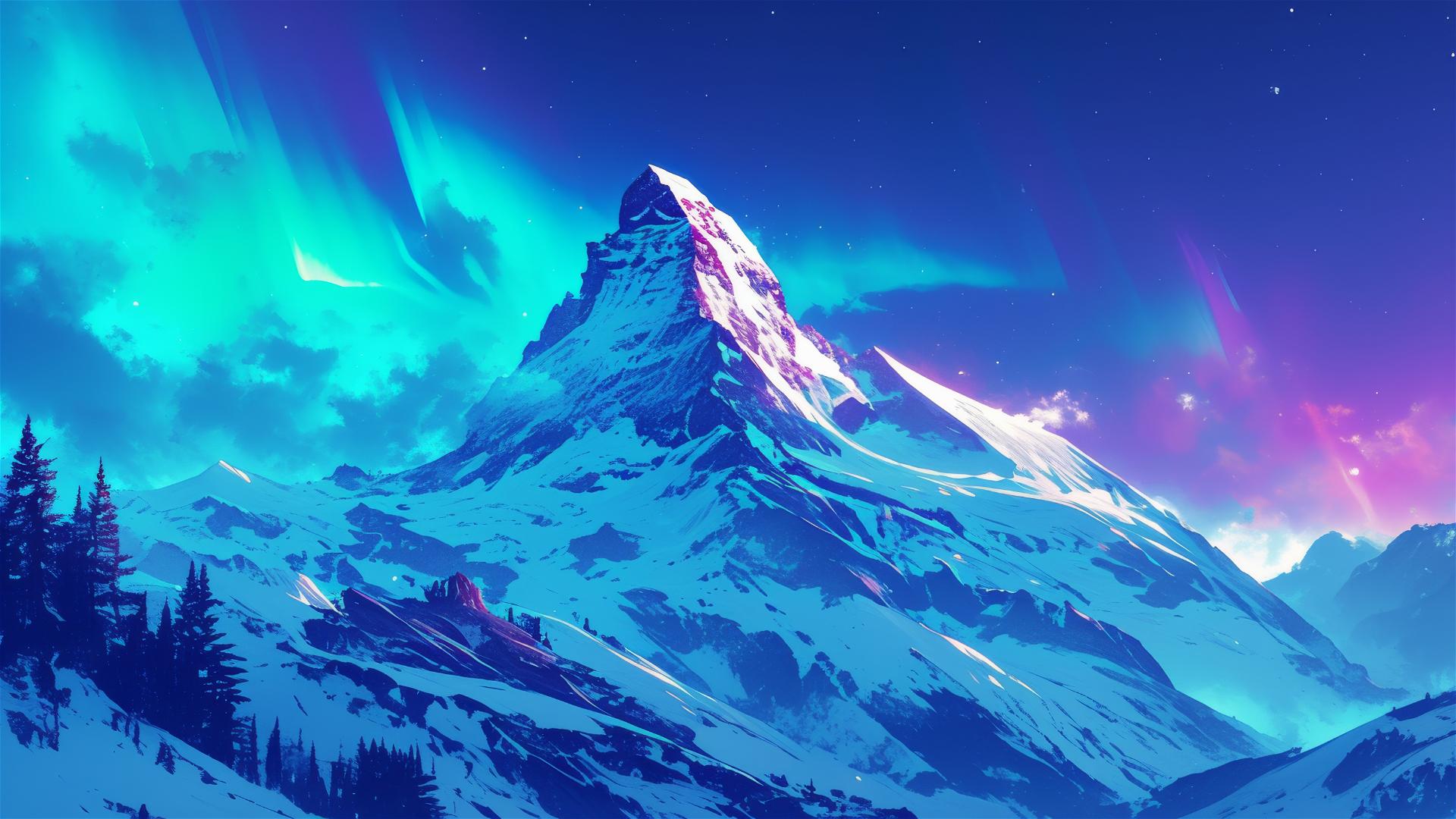 Snowy mountain peak with aurora borealis