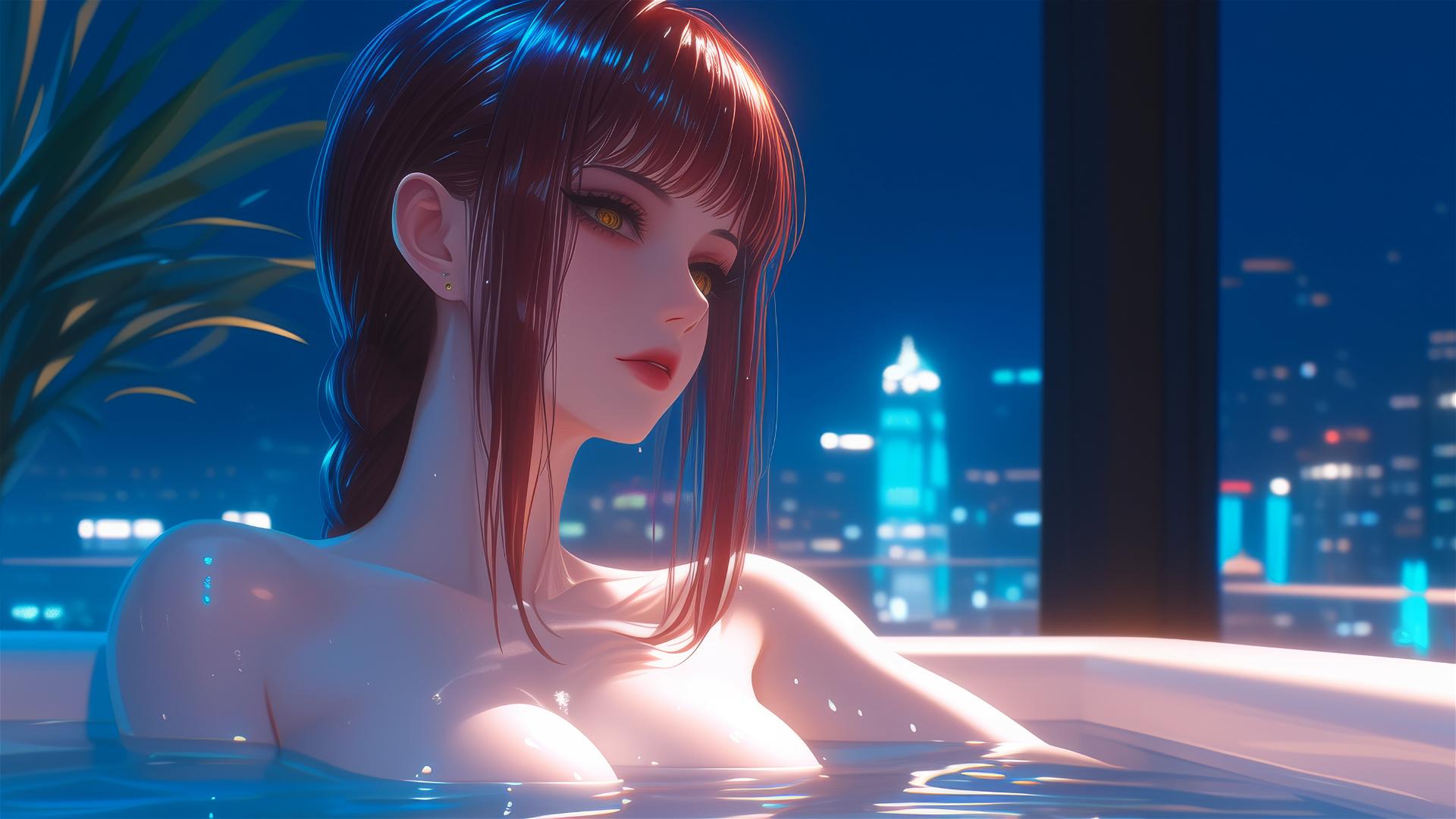 Makima from Chainsaw Man resting in a tub, illuminated by moonlight.