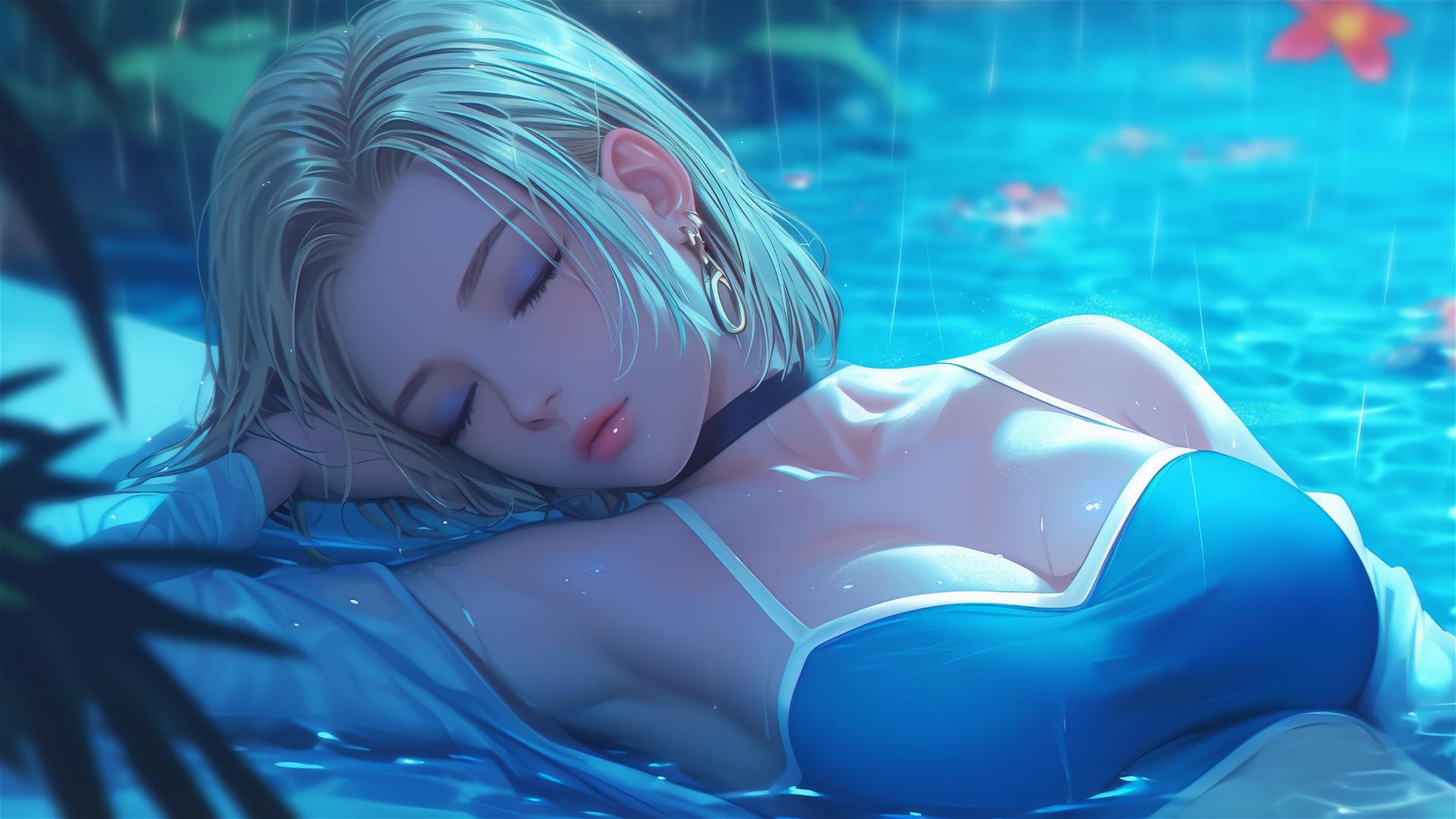 Android 18 resting by a rainy pool with moonlight on her figure