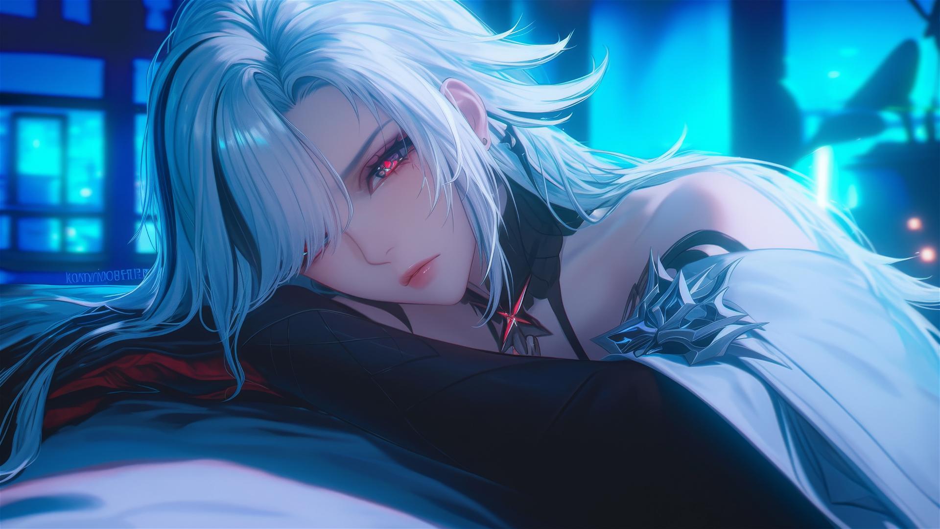 Arlecchino from Genshin Impact with snow white hair and black streaks relaxing in a modern hotel room under moonlight.