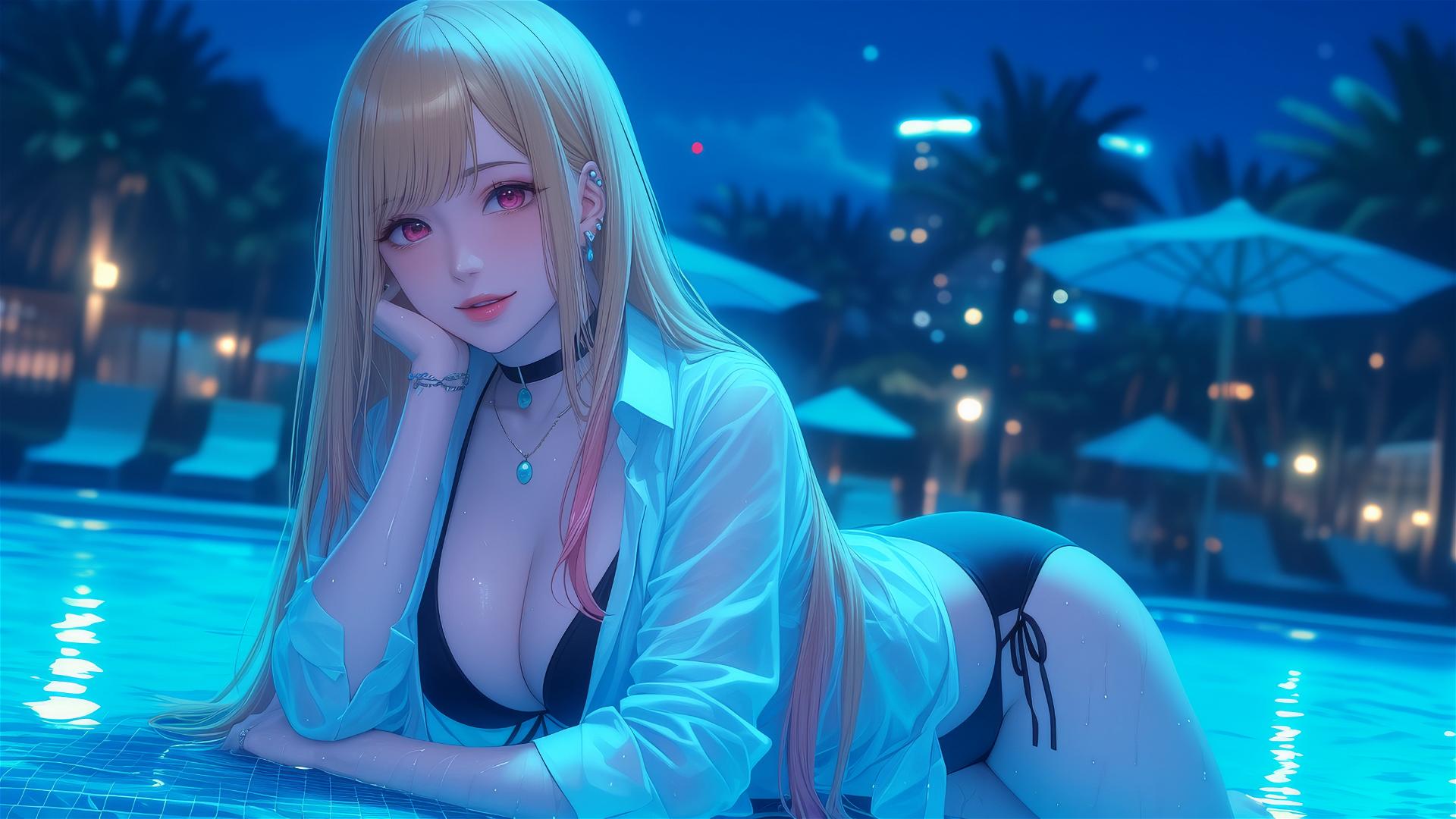 Marin Kitagawa from Kurikami City resting by a rainy pool under moonlight.