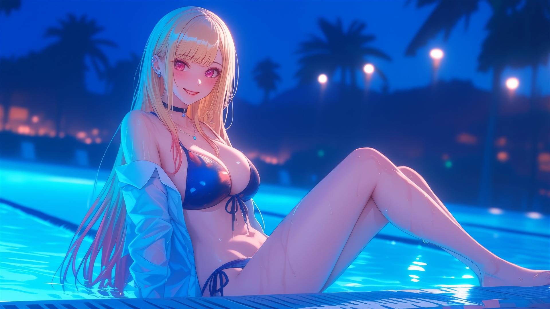 Marin Kitagawa sitting by a rainy swimming pool under moonlight