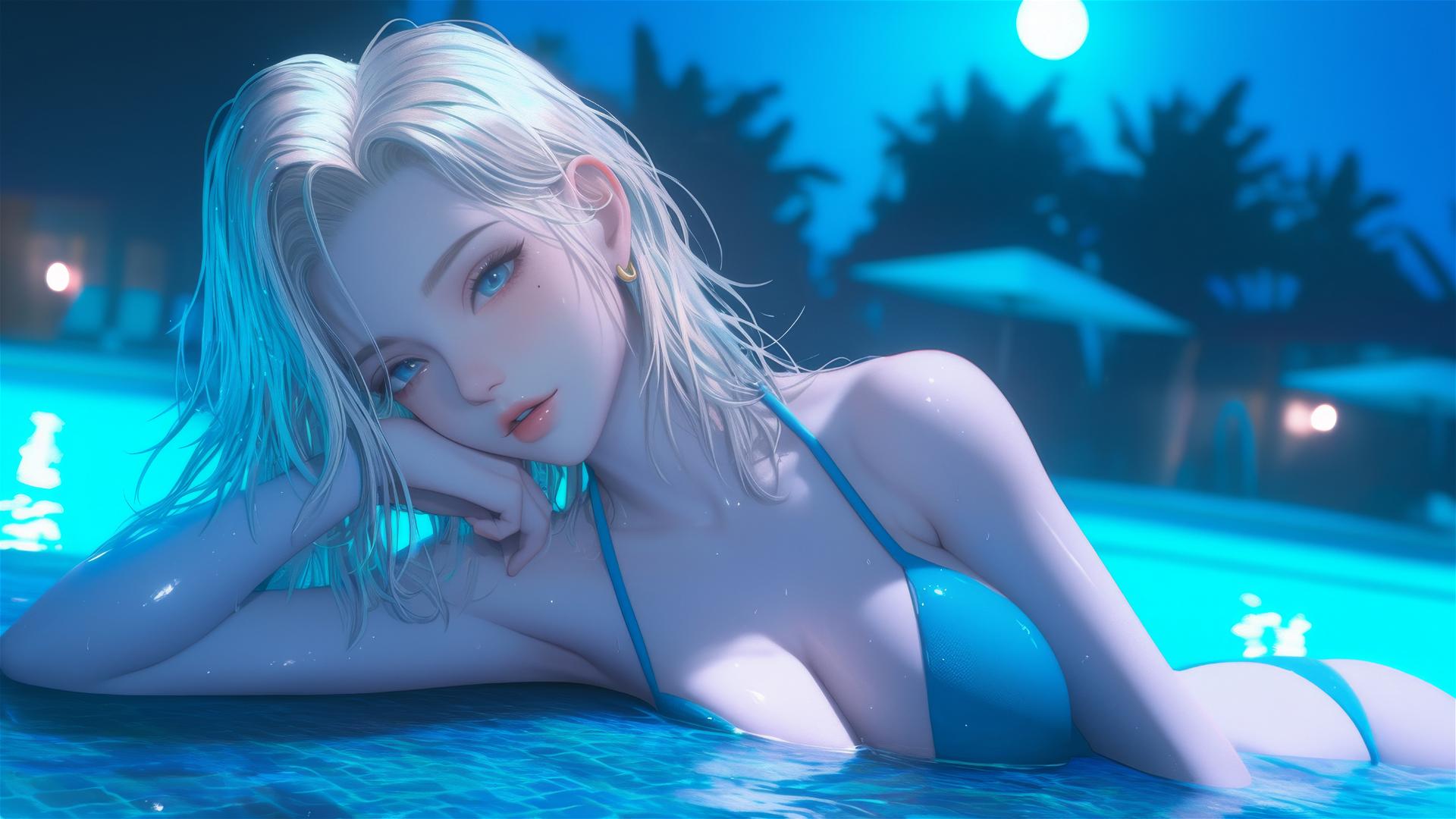Android 18 relaxing by a rainy swimming pool under moonlight