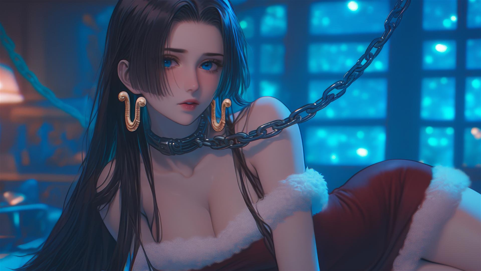 Boa Hancock from One Piece in a Christmas costume, chained in neon-lit hotel room.