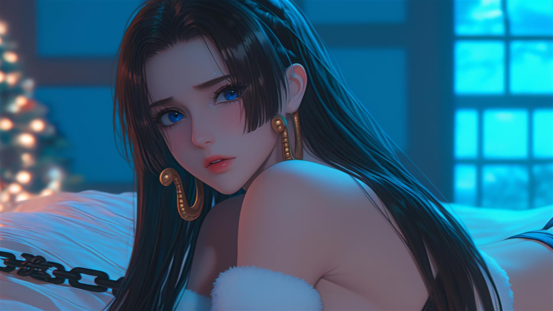 Boa Hancock in Christmas costume, bound by chains, neon-lit hotel room.