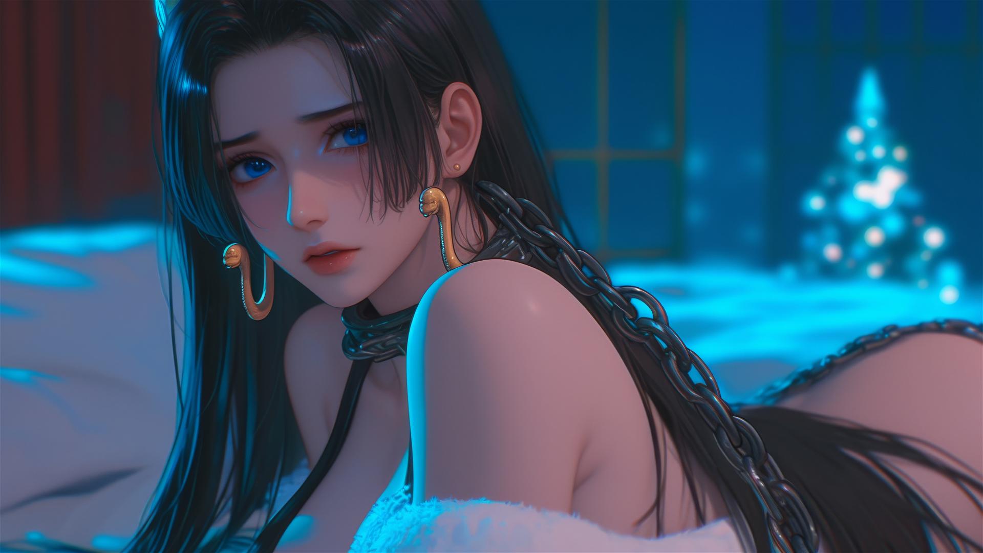 Boa Hancock in Christmas costume with neon-lit iron chains