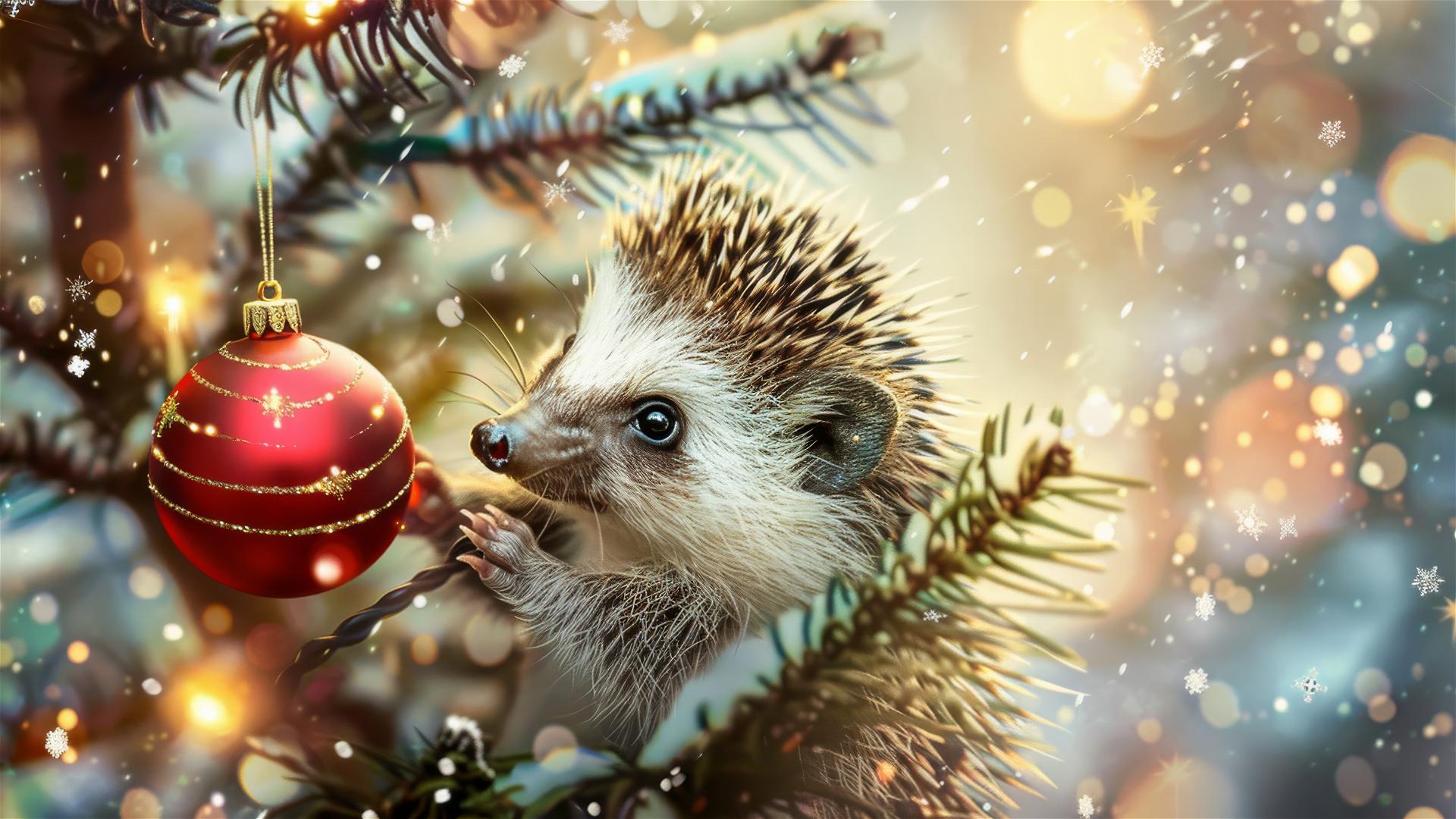 Cheerful hedgehog holding a Christmas ornament with a tree background.