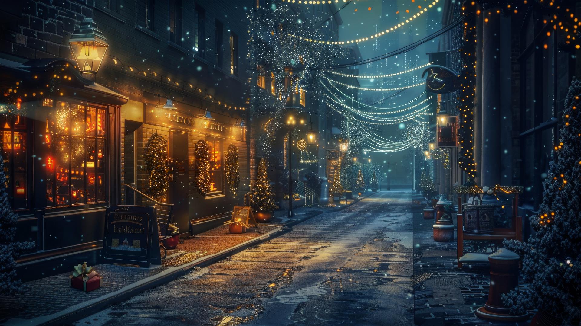 Silent modern city street on Christmas night
