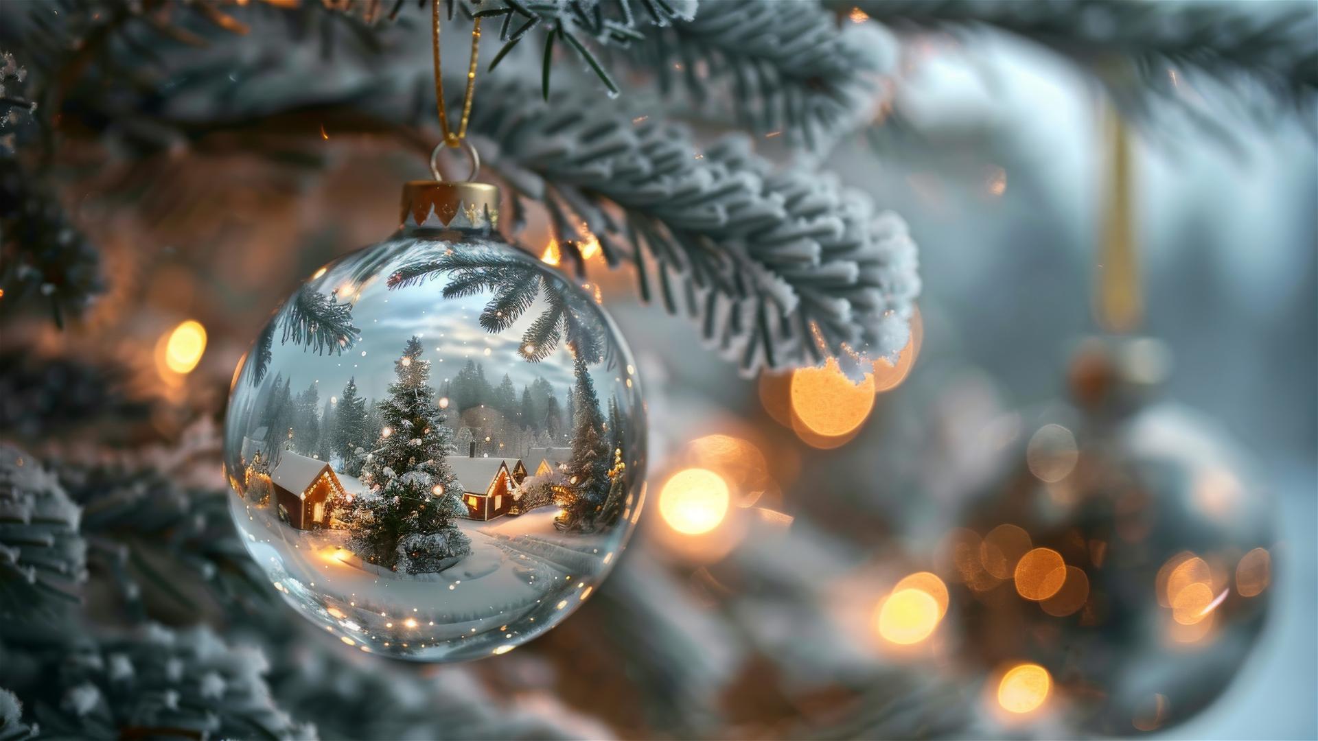 Glass Christmas balls with snowy villages inside on a tree