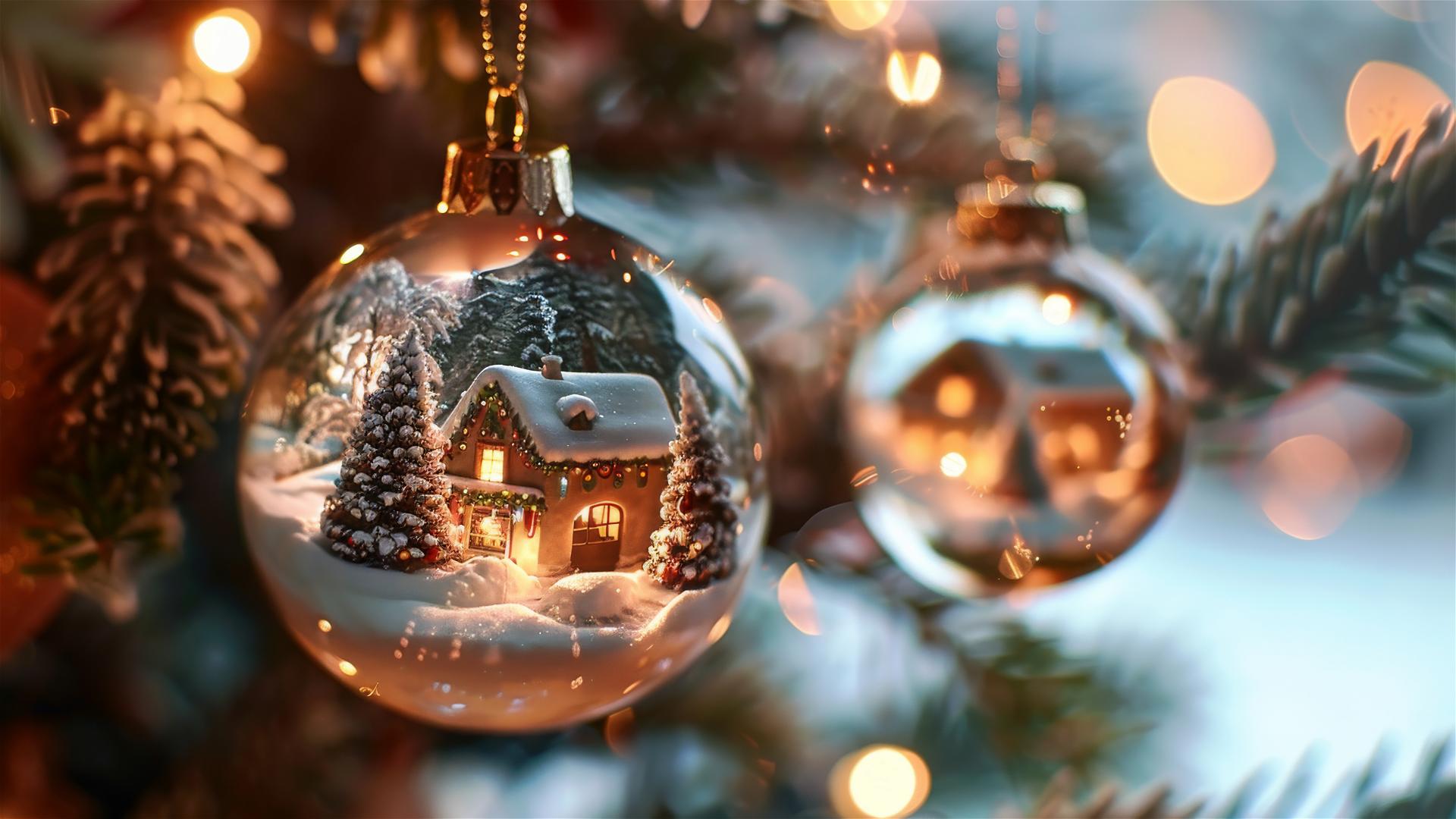Snowy village in glass Christmas balls on a lit tree