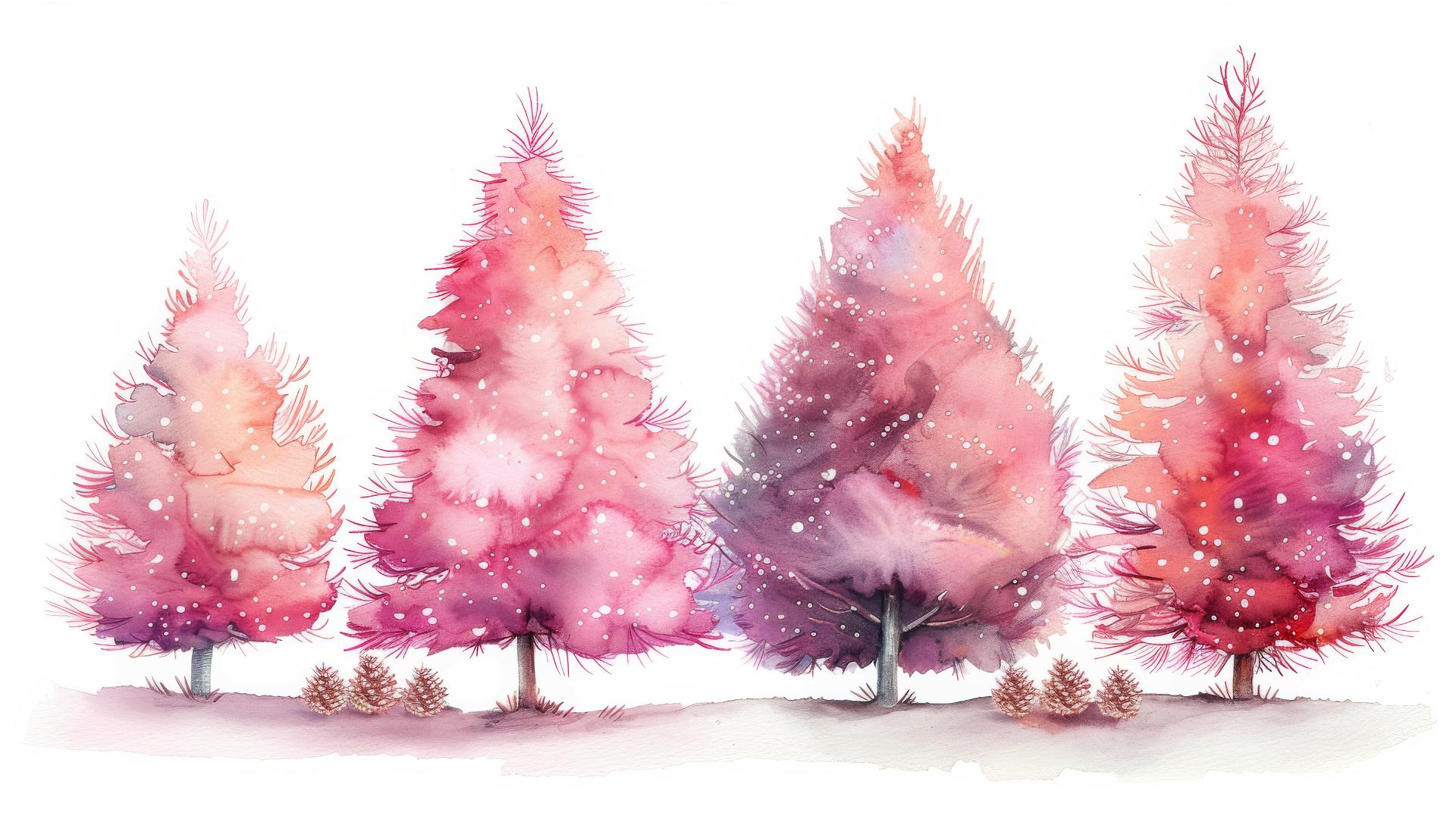 Four pink Christmas trees with decorations on white background