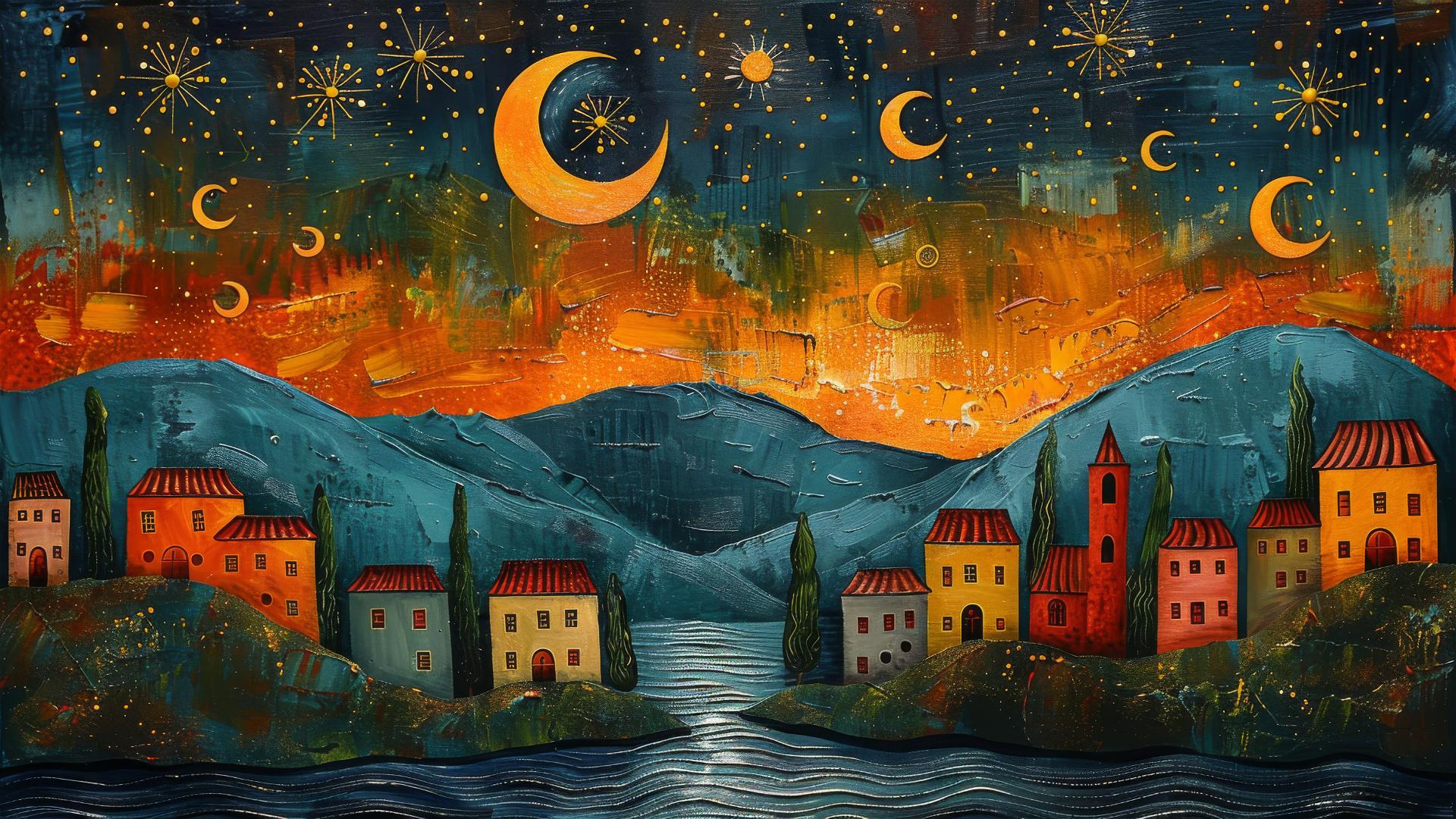 Colorful city street with starry sky painted in Van Gogh style