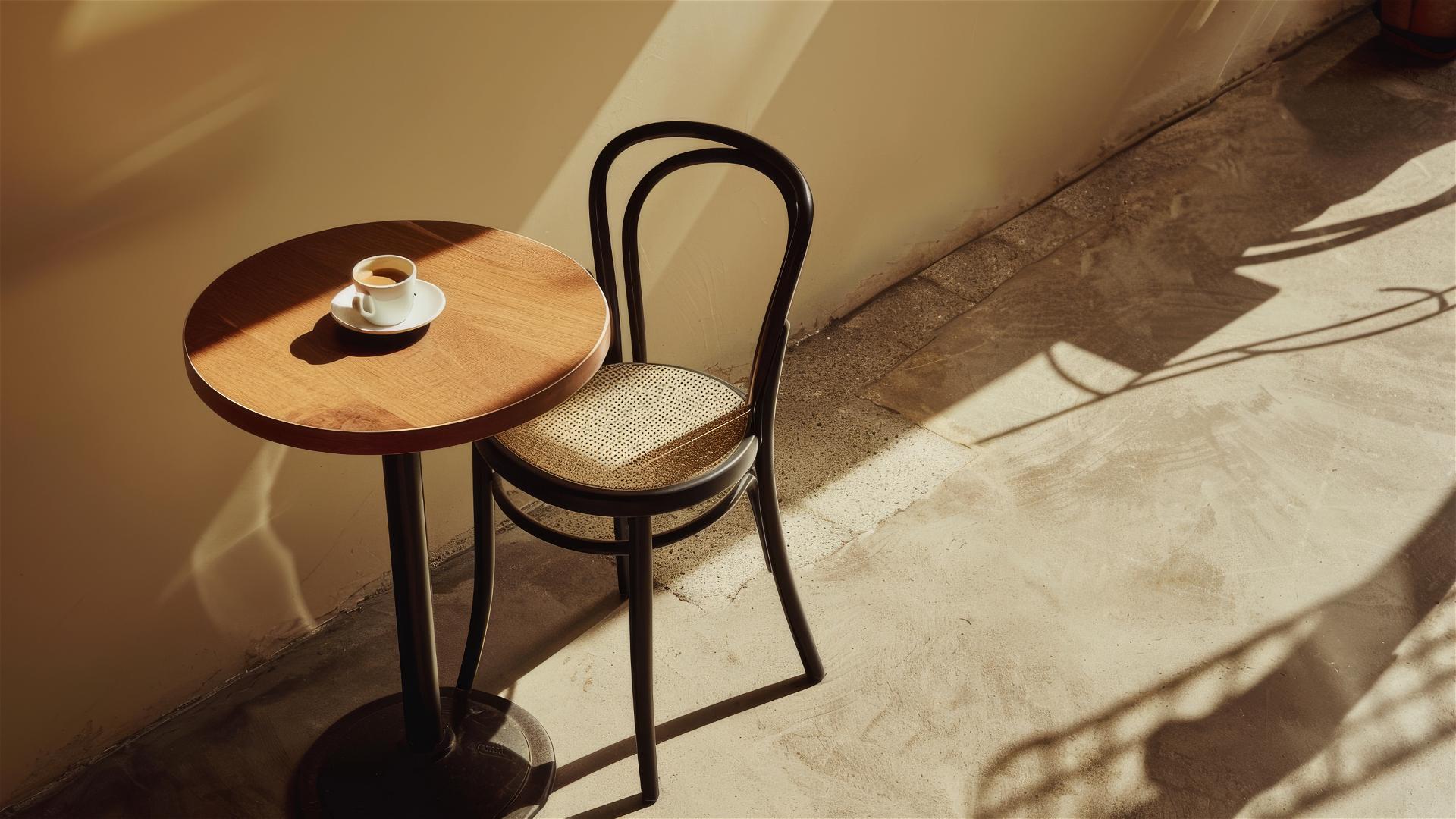 Minimalist coffee shop with a black chair and wood table, white cup of coffee, beige carpet and wall, sunlight filtering through window.