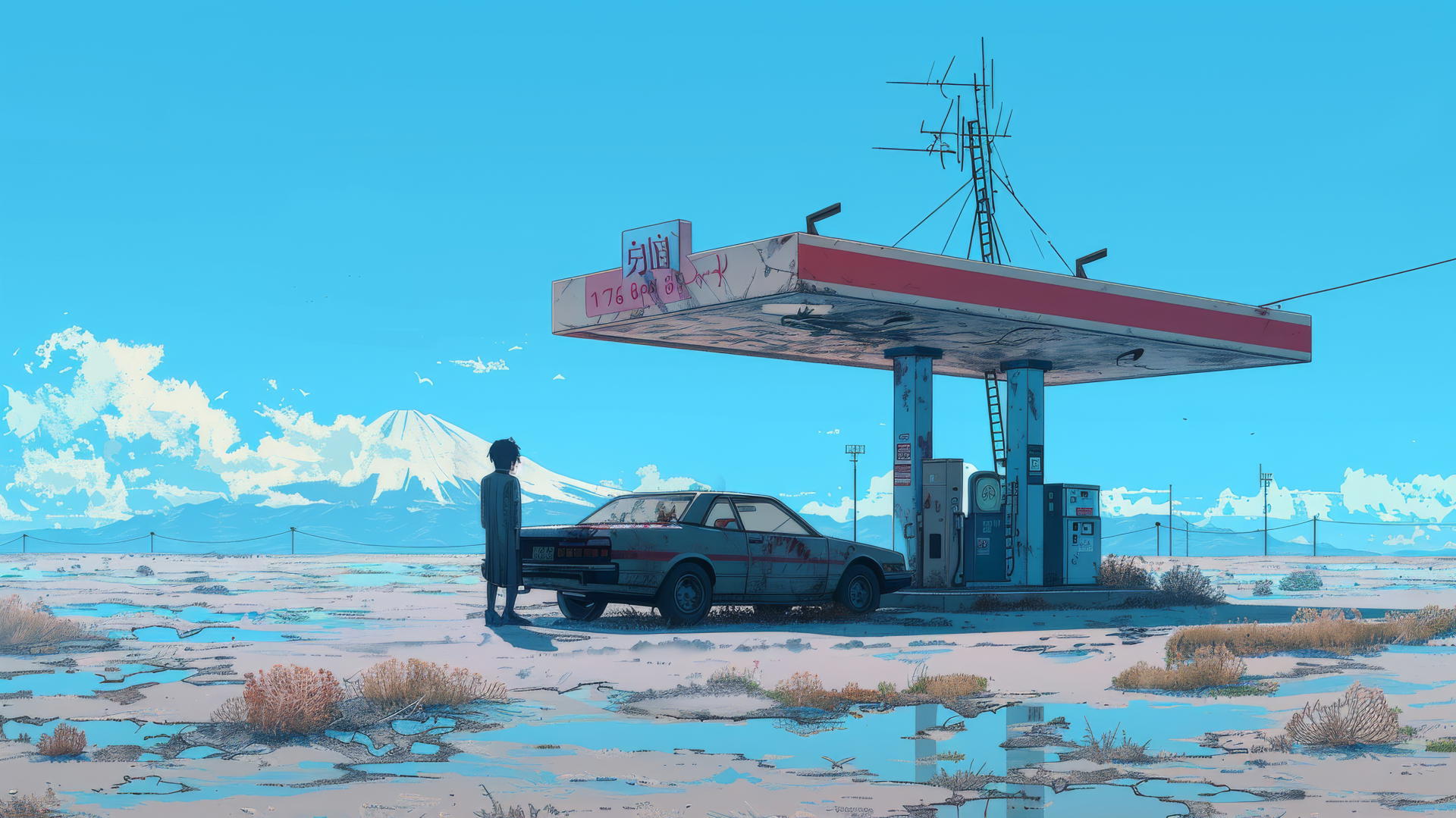 80s anime man, car at abandoned desert gas station with Mount Hood in background.