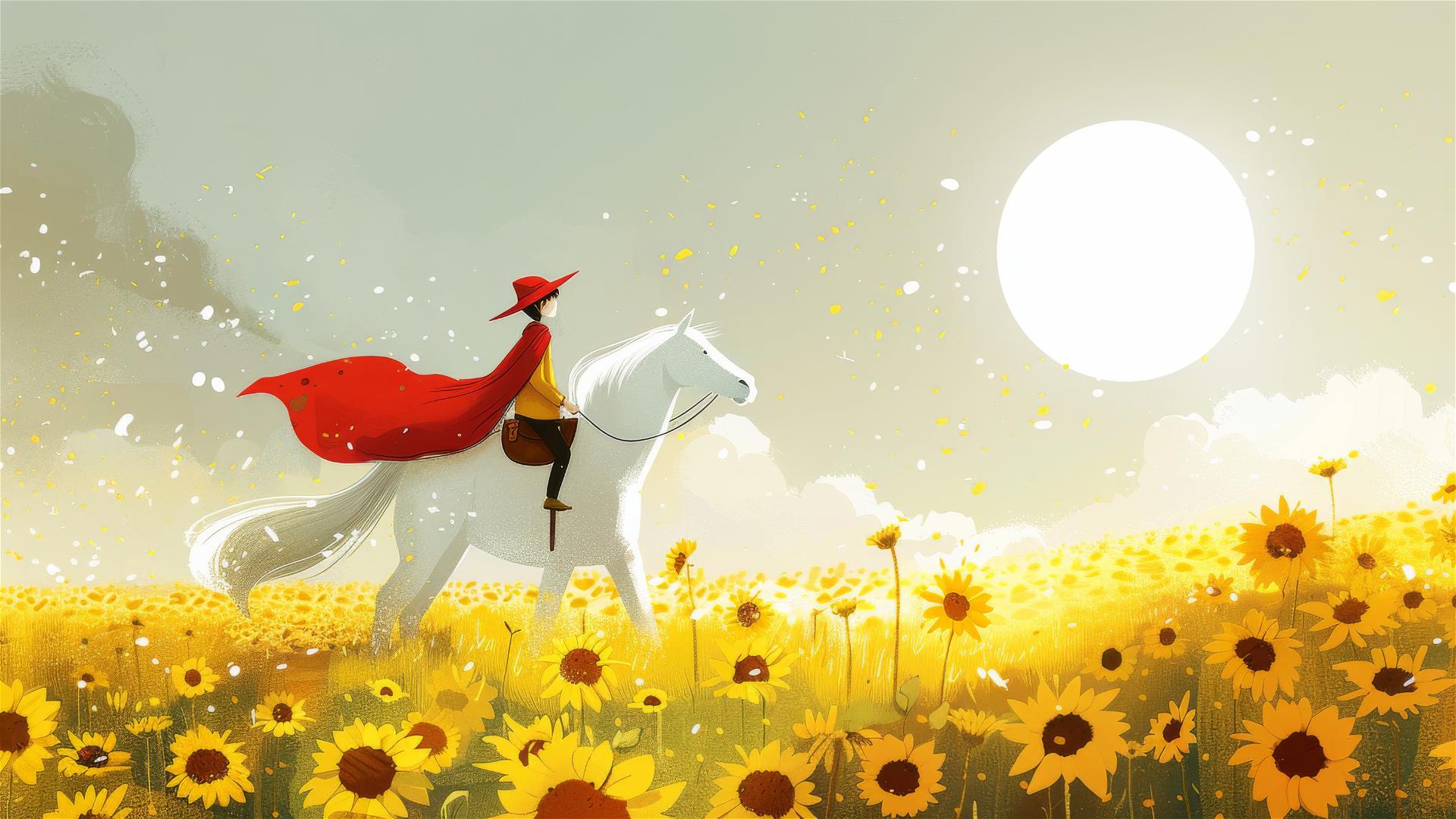 Happy kid in a red cape rides white horse in a sunflower field with giant sun.