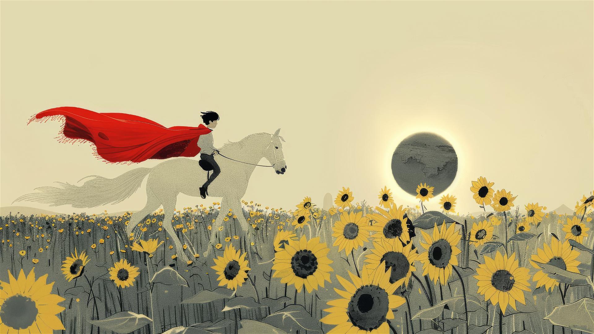A happy kid in a red cape rides a white horse in a sunflower field under a giant sun.