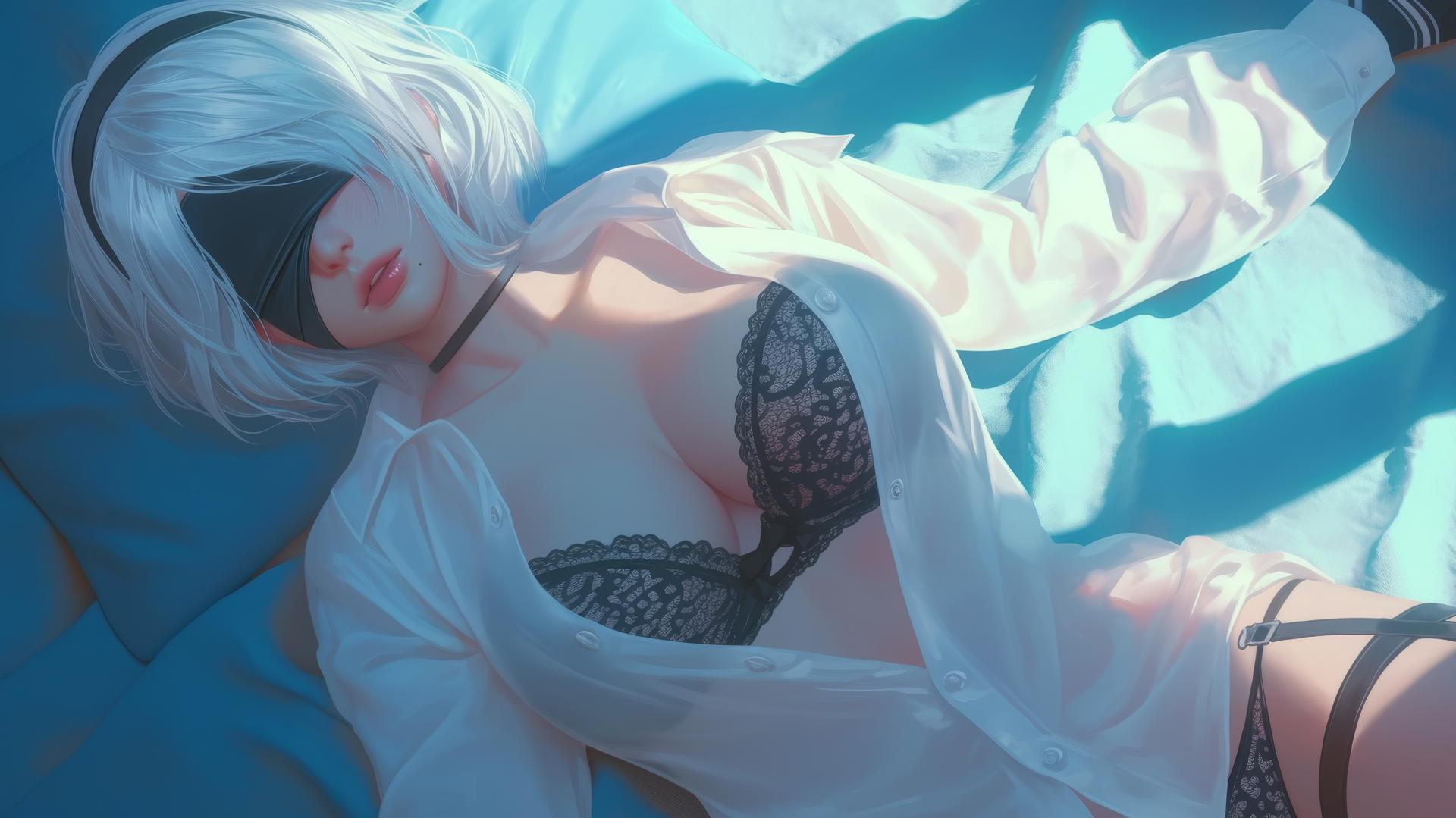 2B from Nier kneeling, looking up with a white office shirt and black blindfold in a neon-lit modern hotel room.